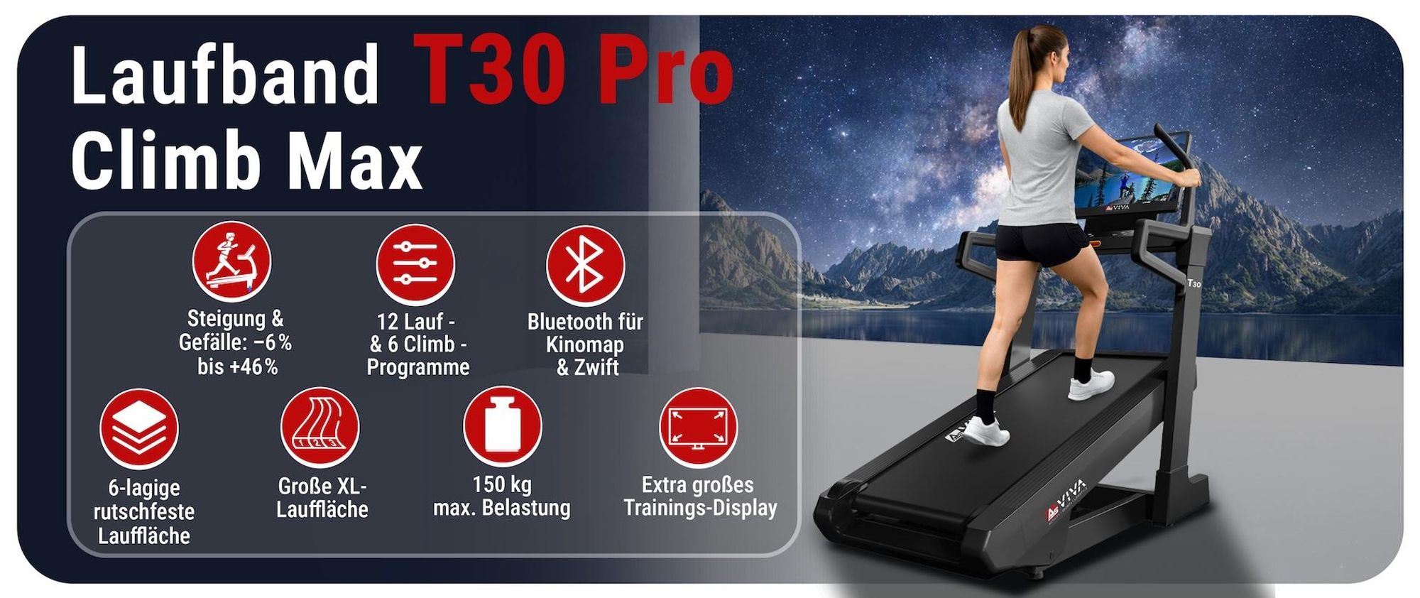 Laufband klappbar AsVIVA T30 Heimtrainer bis 20 km/h -6% bis 46% Steigung mit 21,5" Touchdisplay Bluetooth bis 150kg