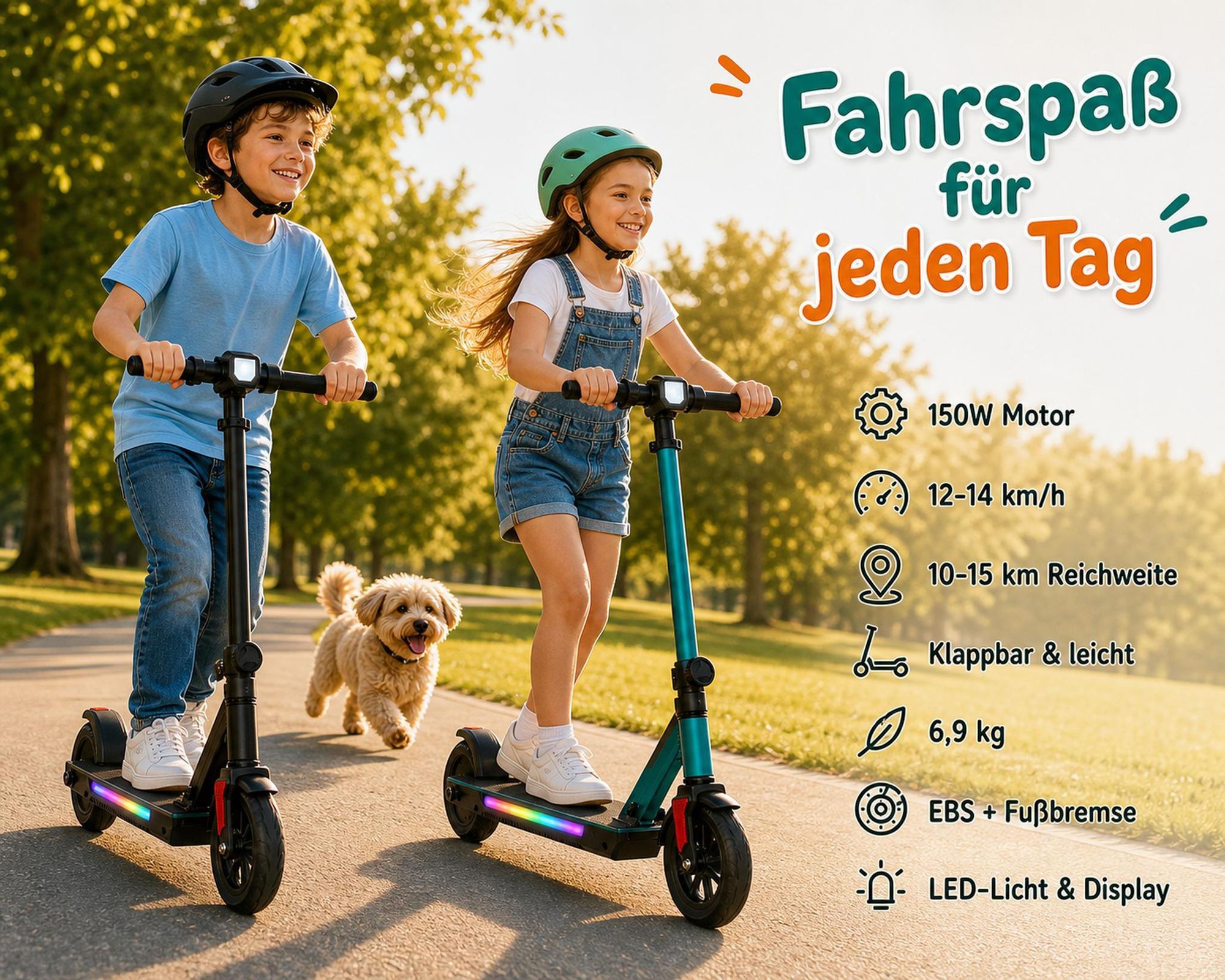 Draixcor Kinder E-Scooter 6,5 Zoll Elektroroller ab 10 Jahren, 150W, 14 km/h, 15 km Reichweite, LED-Licht, EBS-Bremse, Fußbremse, klappbar, 6,9 kg