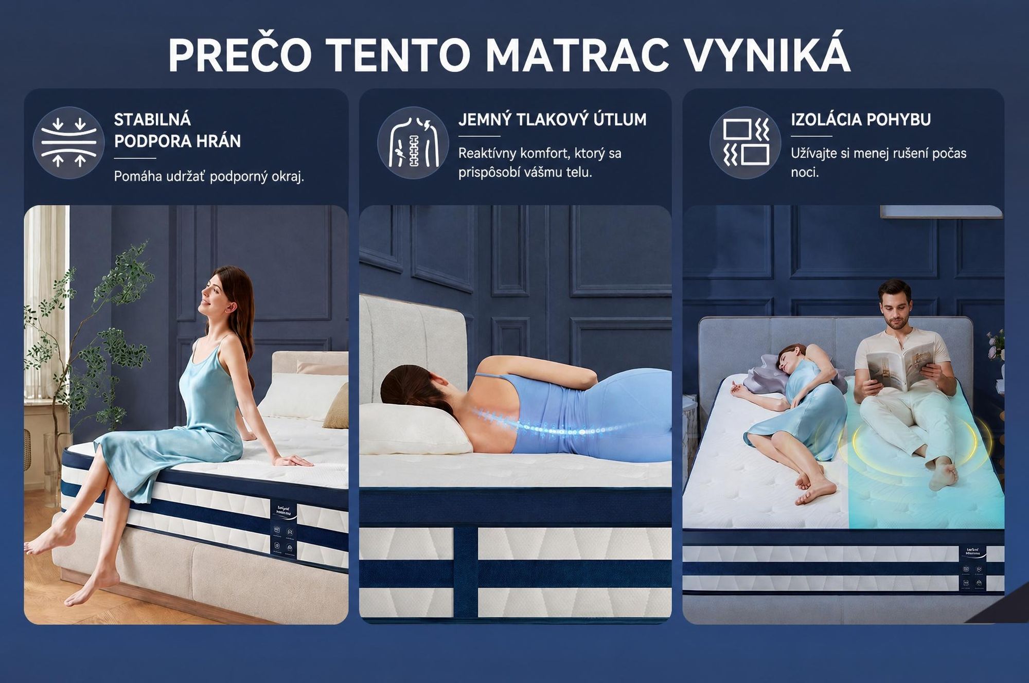 Matrac 90x200 cm, výška 26 cm, s integrovaným topperom, 7-zónový kapsičkový pružinový matrac, tvrdosť H3/H4.