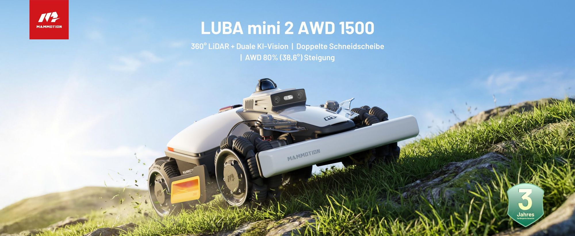 Mähroboter Mammotion LUBA Mini 2 AWD 1500 mit Garage, ohne Kabel, bis zu 1500m², Randmähen, DropMow, Auto-Kartierung, 4G Moudel, APP