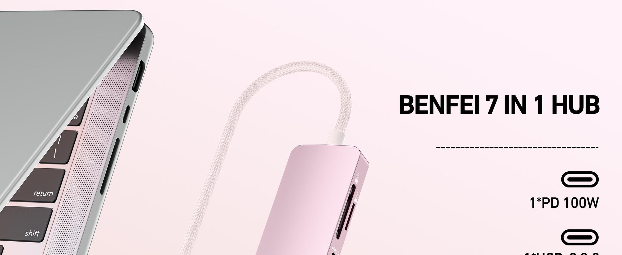 BENFEI Hubs USB C Hub 7in1 Pink mit HDMI 4K 60Hz 100W PD