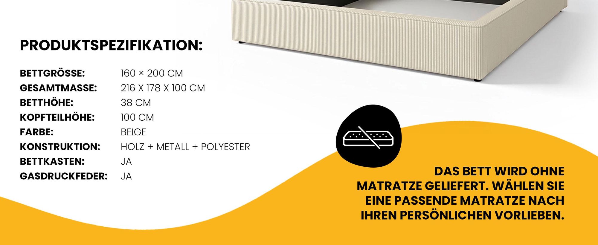 Polsterbett 160x200 - Beige - Hochwertiger Cord-Stoff - Modernes Doppelbett mit Bettkasten & Lattenrost - Stauraumbett mit Kopfteil für Schlafzimmer