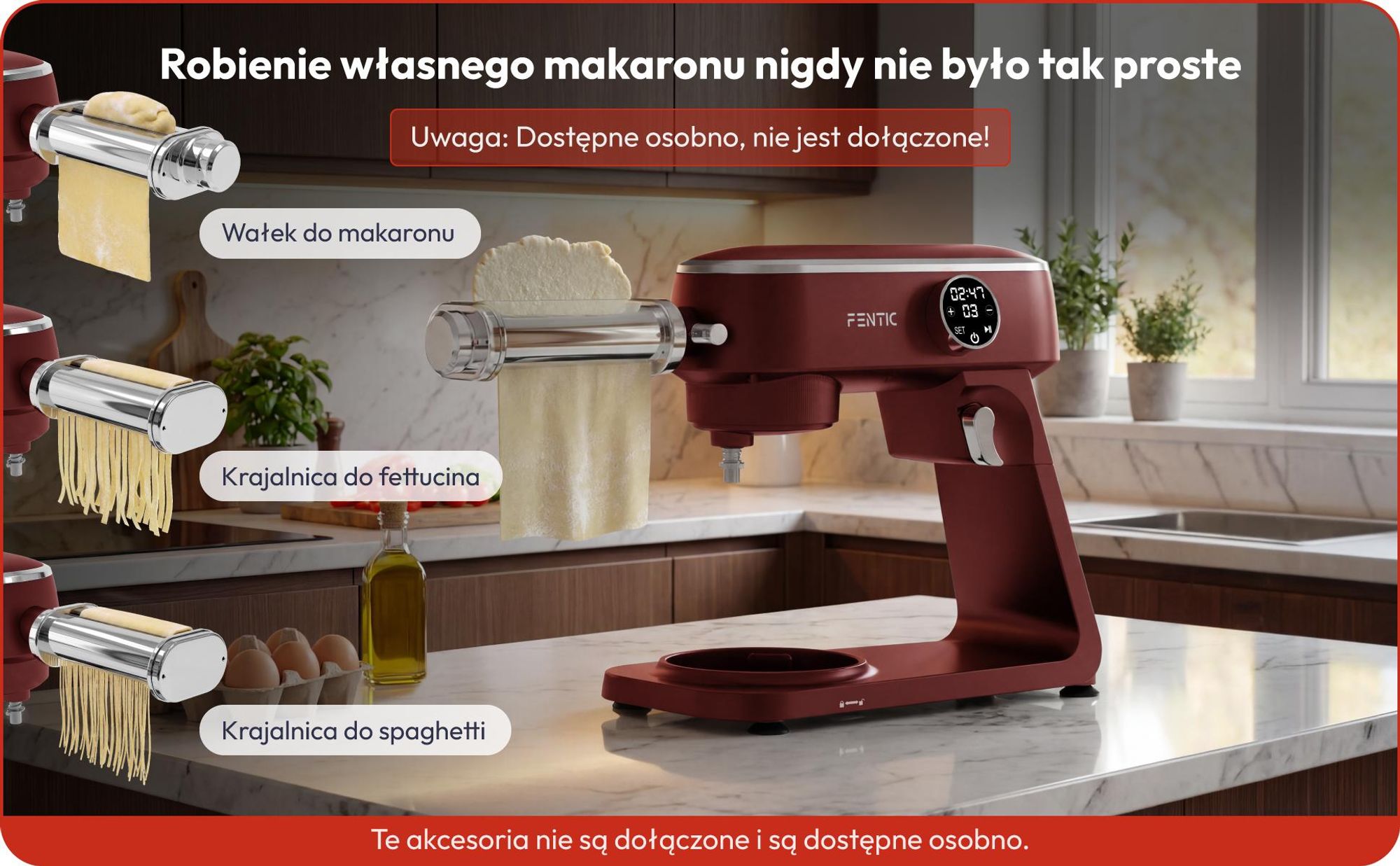 Fentic Robot Kuchenny 1800W, Misa nierdzewna 7L, Mikser planetarny do ciasta na chleb i pizzę, 10 prędkości z timerem & osłona przeciwbryzgowa