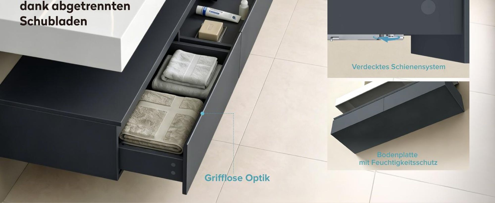 doporro Waschbecken-Unterschrank Badmöbel-Set in matt Anthrazit Design Waschplatz 150x48x25cm Badzimmerschrank inkl. Weiß mattMinralguss-Waschbecken UP