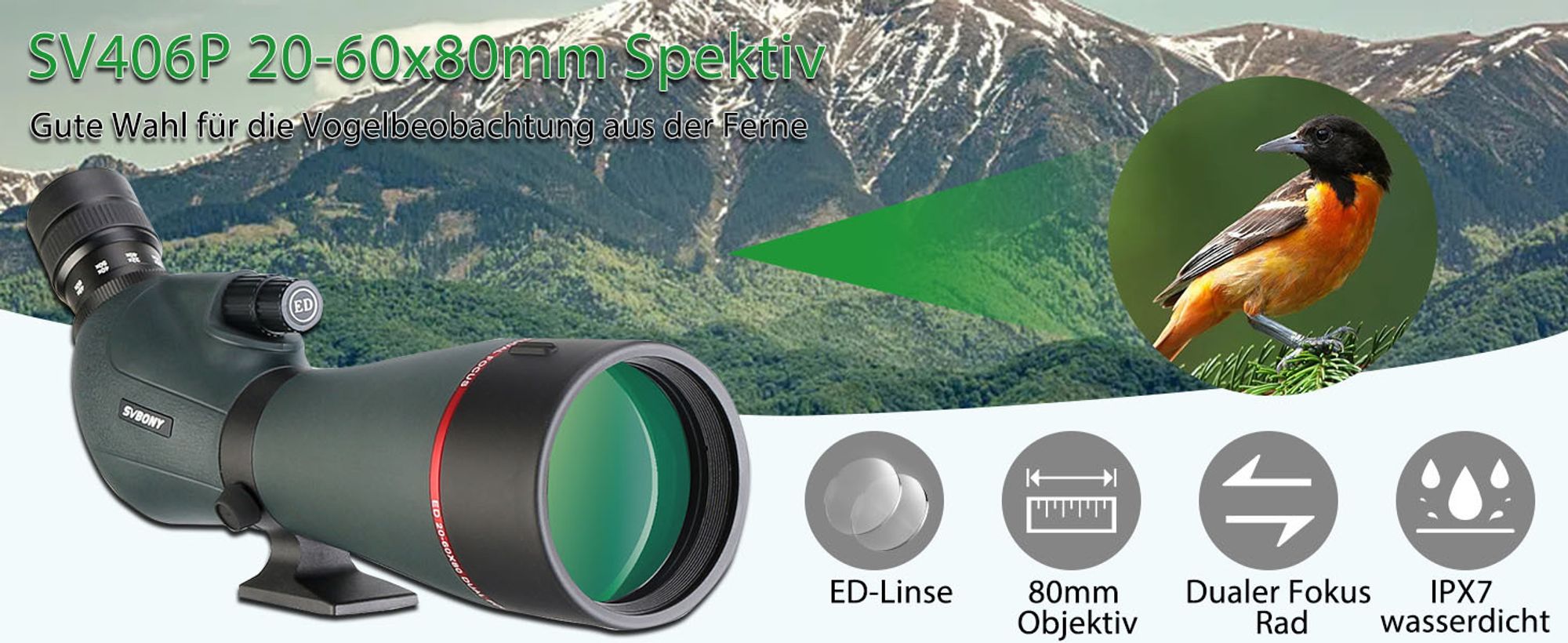 Svbony SV406P ED Spektiv 20-60x80, Doppelter Fokus Spektive, Austauschbares Astronomie-Okular, Wasserdichtes Bak4 Prisma Monokular Fernrohr