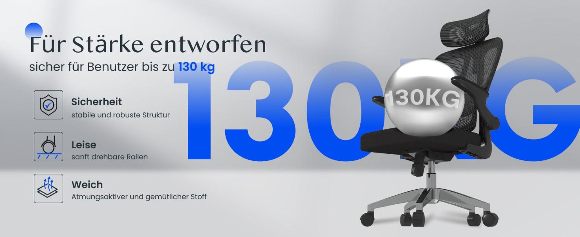 FLEXISPOT Ergonomischer Bürostuhl, 2D-Kopfstütze, Adaptive Lendenstütze, verstellbare Rückenlehne, Atmungsaktiver Netzstoff, höhenverstellbar, Schwarz