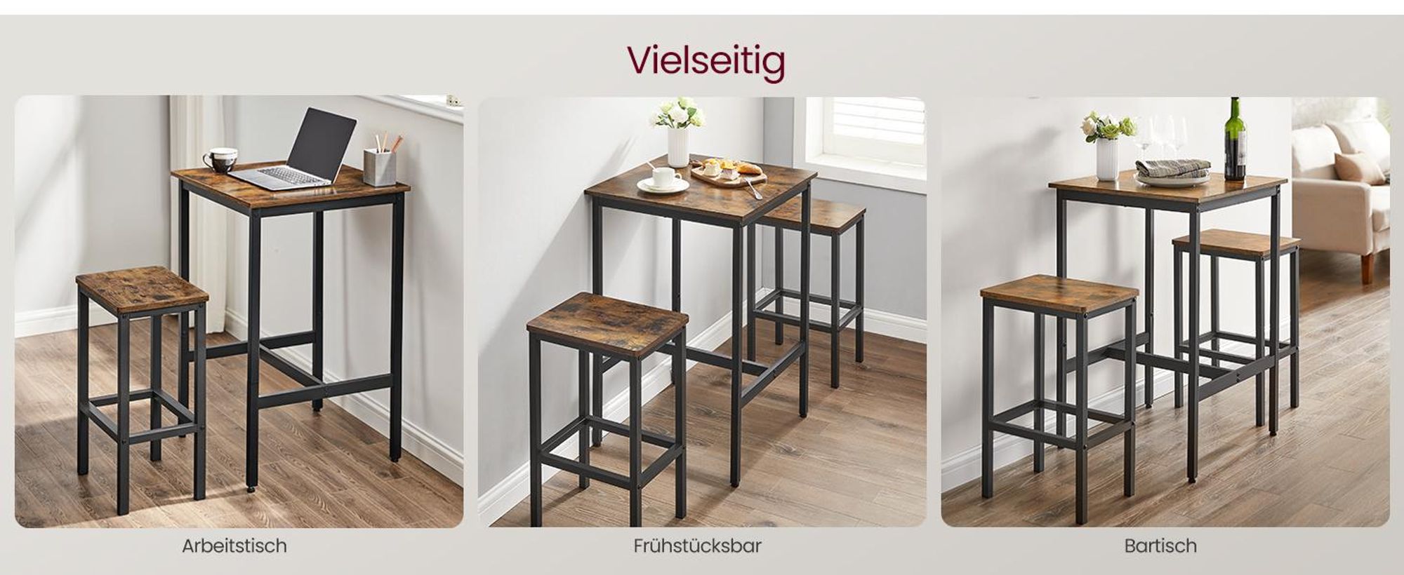 VASAGLE Bartisch-Set mit 2 Barhockern, stehtische, bistrotische, 60 x 60 x 90 cm, Vintagebraun