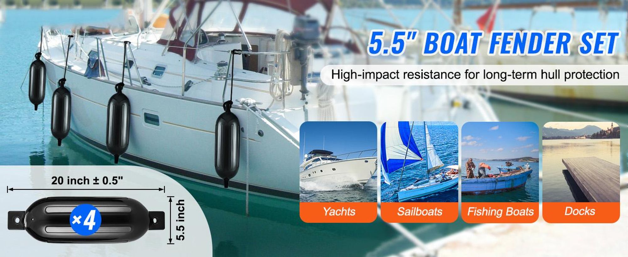 VEVOR Bootsfender, 8,5" x 26" Bootspuffer zum Anlegen, aufblasbarer gerippter Fender mit Mittellöchern, maritimer Bootsanleger Fenderpuffer mit Luftpumpe, 4 Nadeln und 4 Seilen sowie Aufbewahrungstasche, Schwarz, 5.5 Zoll, 4 Stück-a