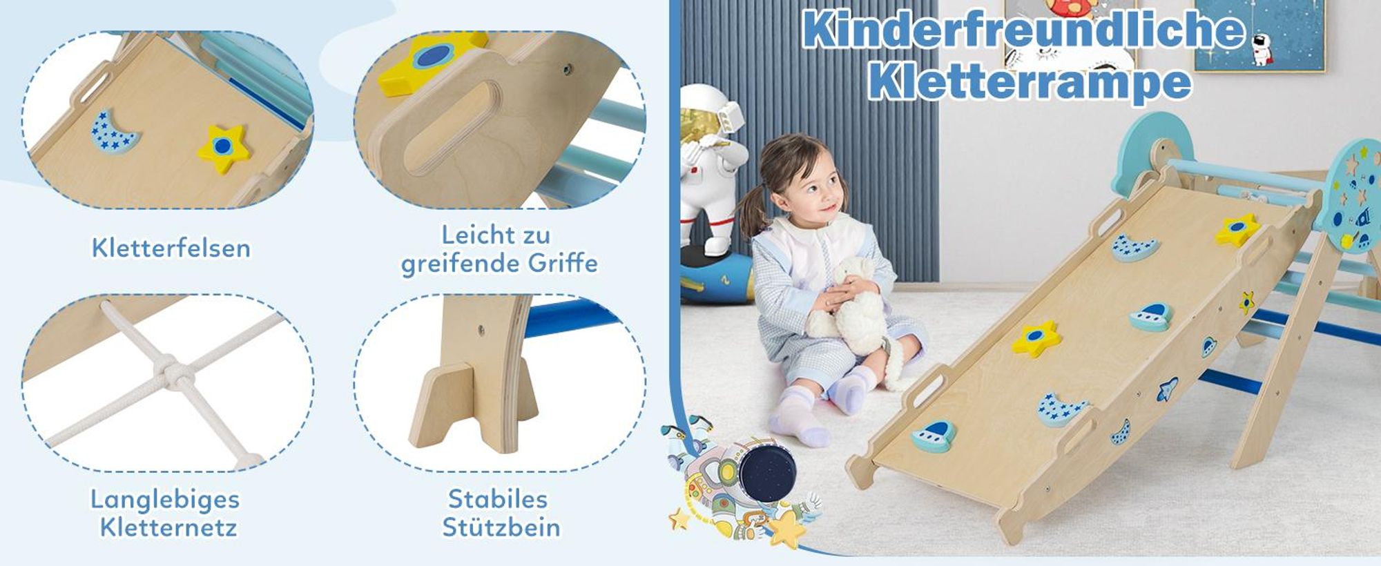 COSTWAY Klettergerüst Indoor 4er Set, klappabre Kletterdreieck mit Rutsche, Kletterbogen, Netz, doppelseitige Rampe, Baustein Set&2 Autos für Kinder3+