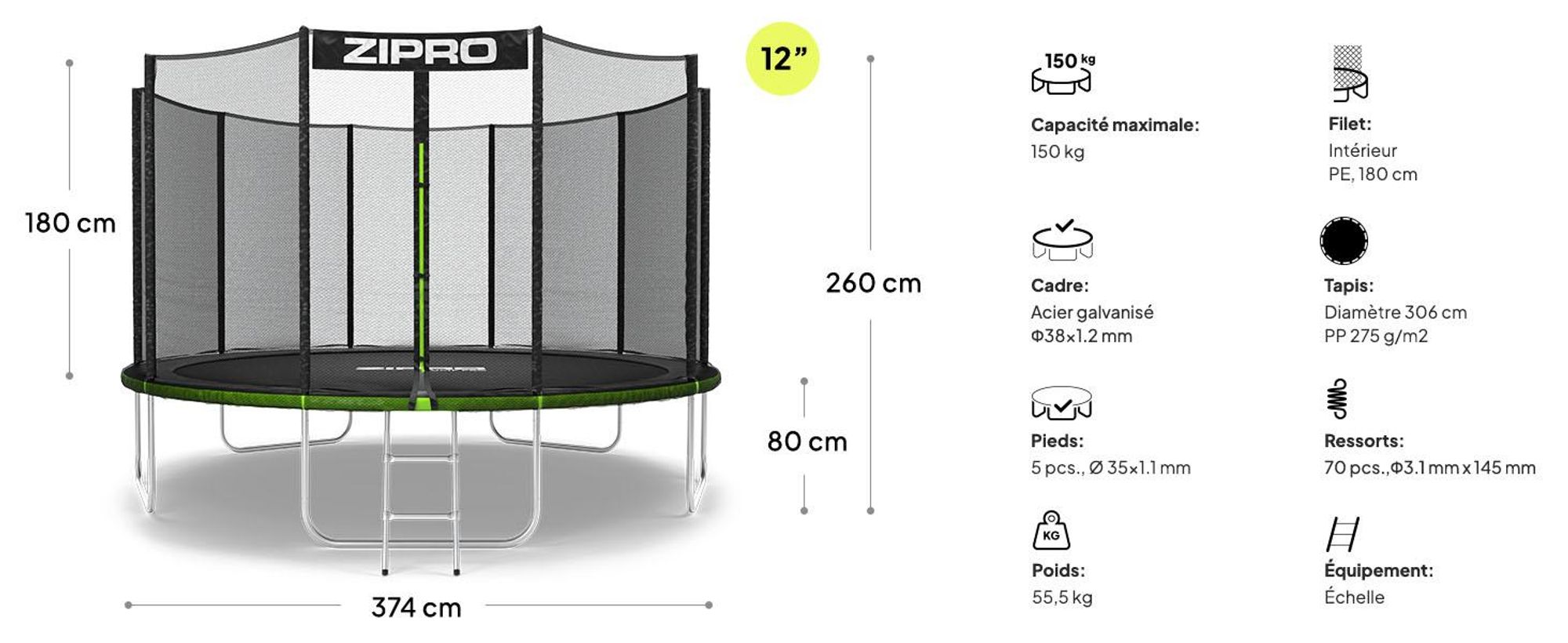 Trampoline ZIPRO Jump Pro Out | 12FT Ø 374 cm | Trampoline de jardin Trampoline pour enfants Kit complet avec filet extérieur, échelle et housse de protection, pour l'extérieur, vert
