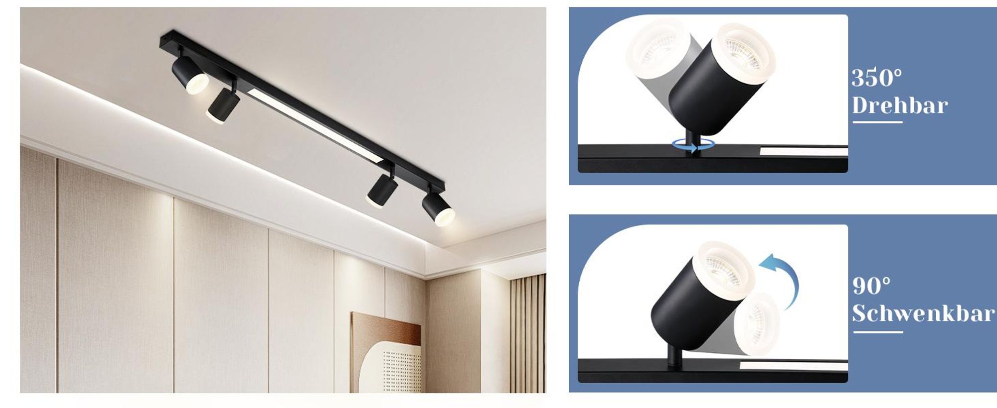 ZMH Deckenstrahler Schwarz 4 Flammig Deckenleuchte Dimmbar Deckenspots mit fernbedienung Schwenkbar 350° Modern für Wohnzimmer Schlafzimmer Küche