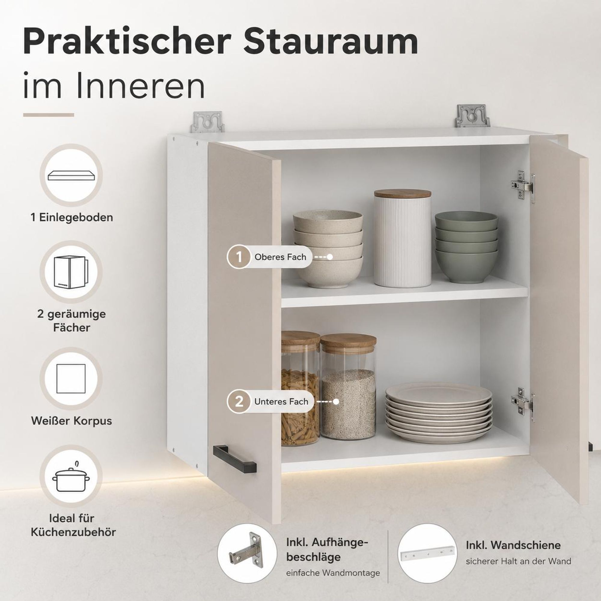 Offener Hängeschrank 60 cm Kaschmir mit Geschirr. Stauraum auf zwei Ebenen.