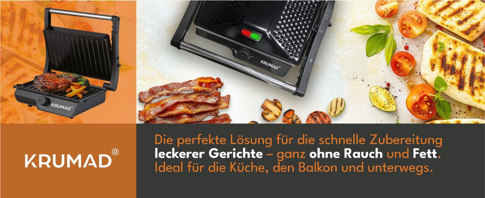 KRUMAD Elektrogrill 2000W - Mini Kontaktgrill für 2 Sandwiches & Paninis - Antihaftbeschichtung, Kompakt, Schnelle Erwärmung, Ideal für Zuhause & Büro