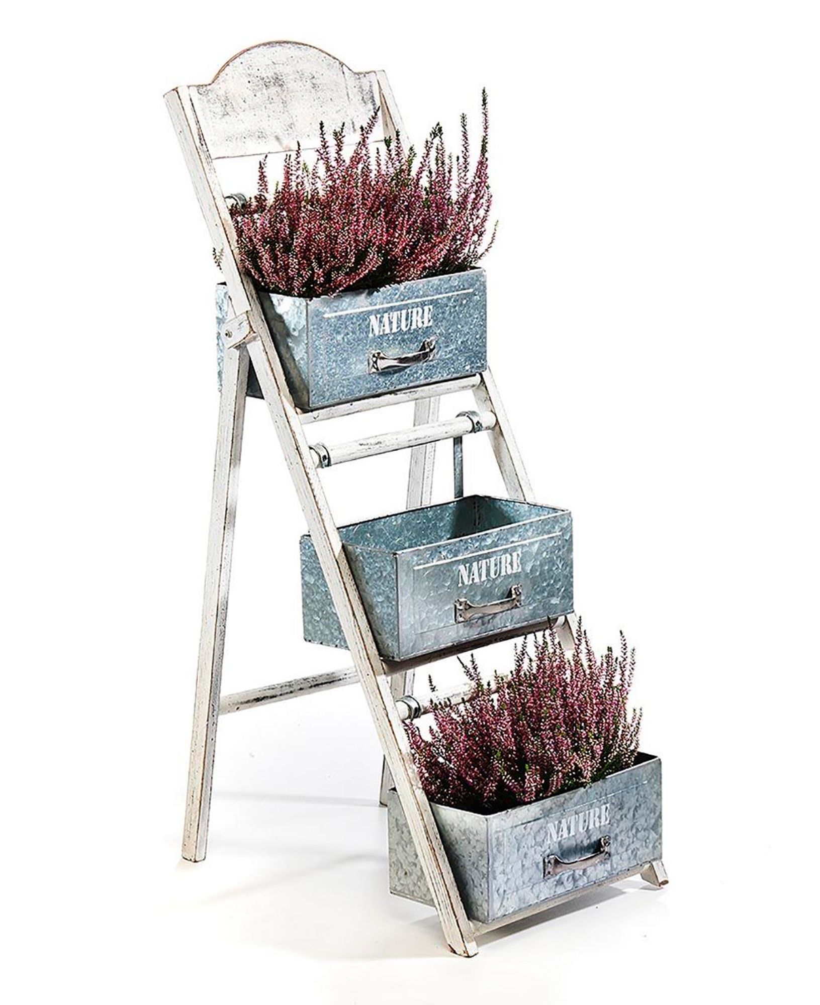 Kobolo Blumenleiter Blumentreppe - drei Etagen Schubladen klappbar - Vintage - Weiß Grau - Pflanzen Dekoleiter Bücher Wohnzimmer Living Room Home Deco
