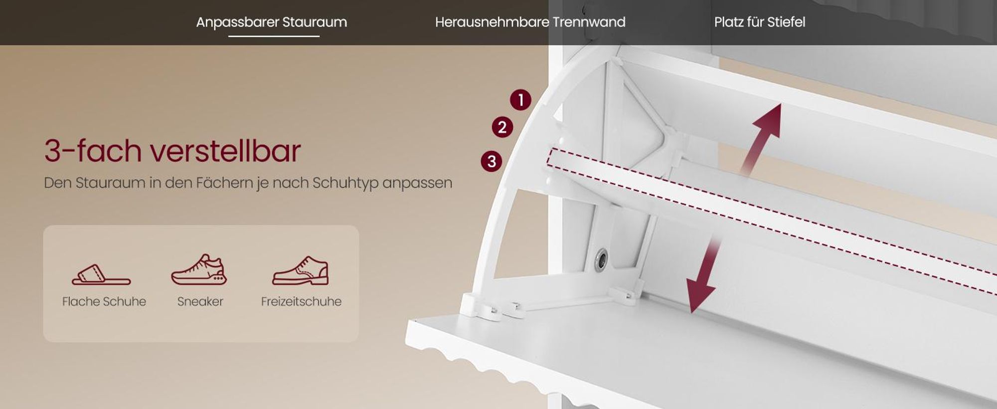 Schmaler Schuhkipper, Schuhschrank mit 3 Klappen, für Eingangsbereich, Flur, Mid Century Modern, weiß