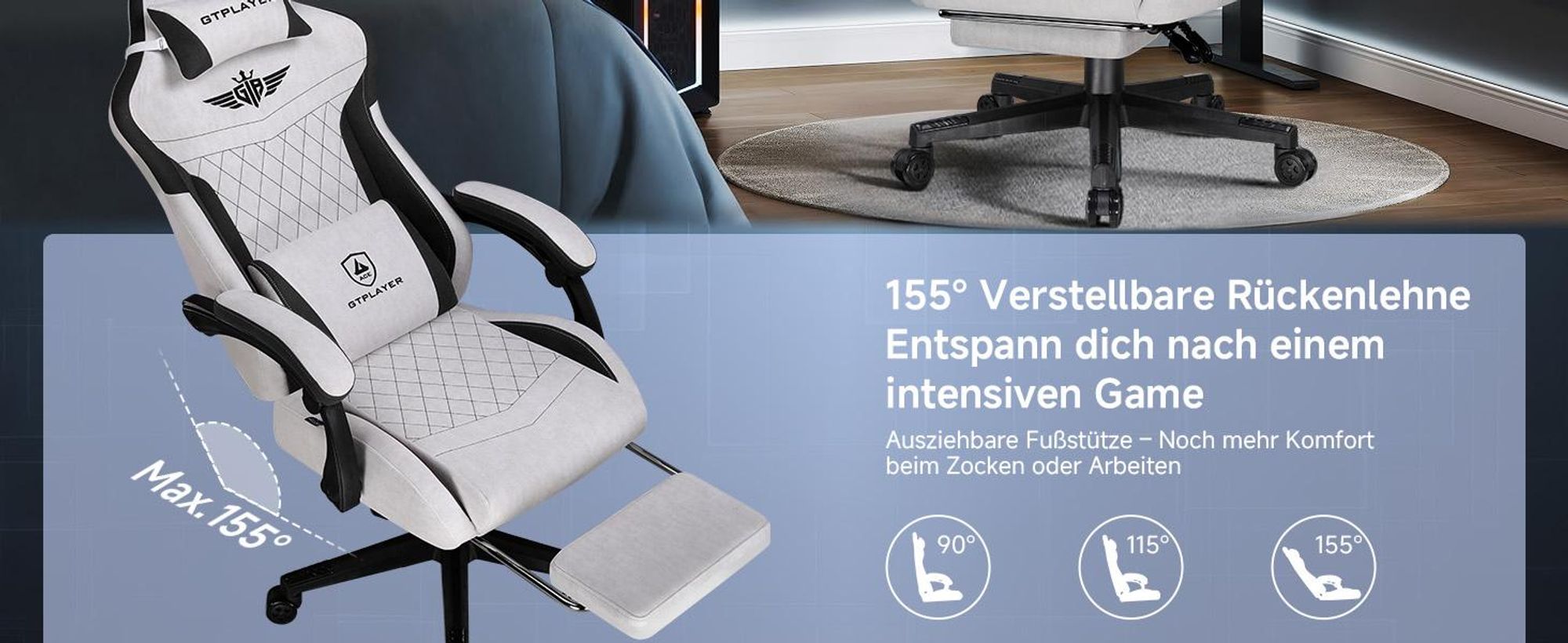 GTPLAYER Gaming Stuhl, Ergonomischer Gamer Stuhl aus Stoff mit Lendenwirbelstütze, PC-Stuhl mit verbreiterter Rückenlehne, Belastbar 150 kg, Grau