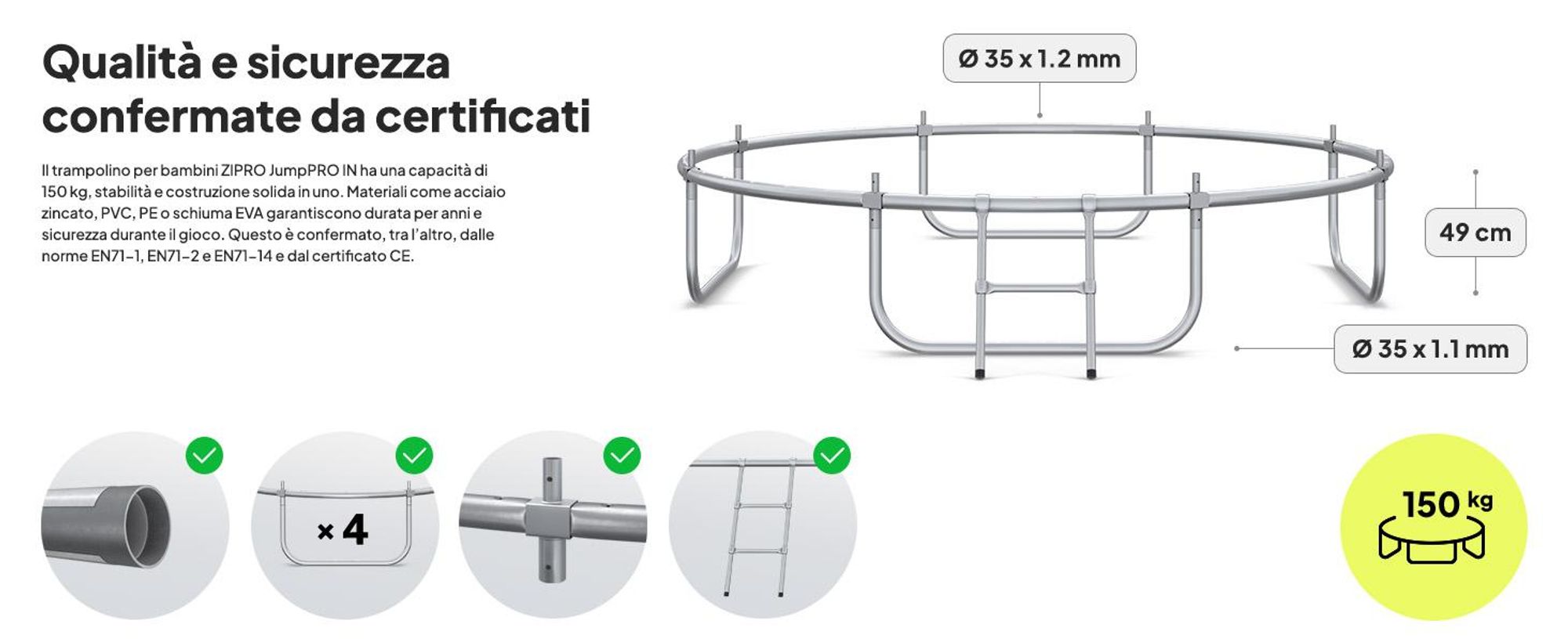 ZIPRO Trampolino Jump Pro IN | 8FT Ø 252 cm | Trampolino da giardino Trampolino per bambini Set completo incl. rete interna, scaletta e copertura perimetrale, per esterni, verde