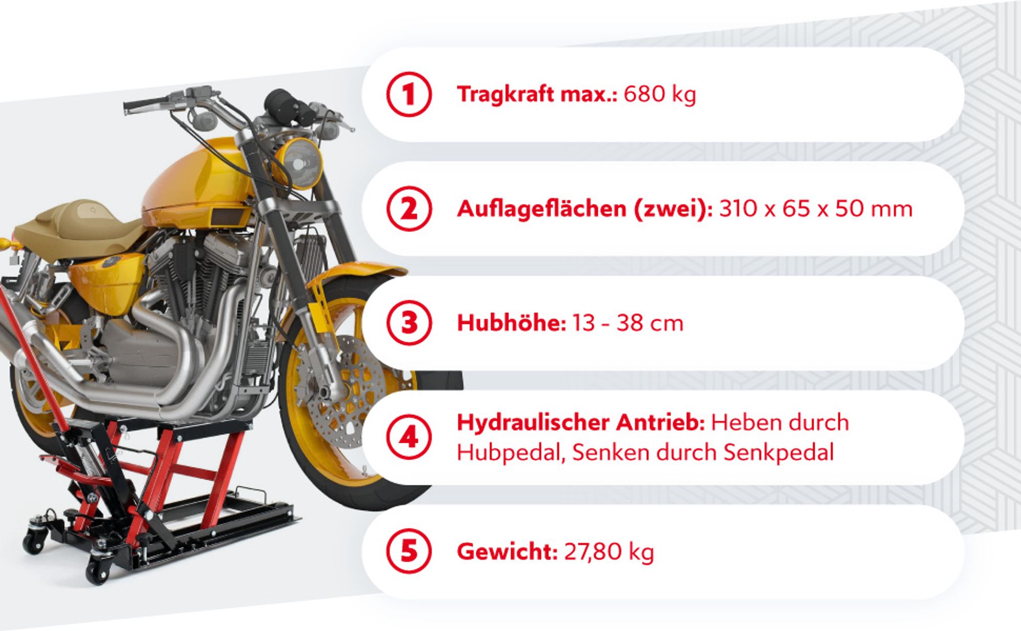 Wiltec Motorradheber bis zu 680kg für Motorräder ATVs und Quads Hebebühne für Reparaturen am Motorrad Heber Montagebock