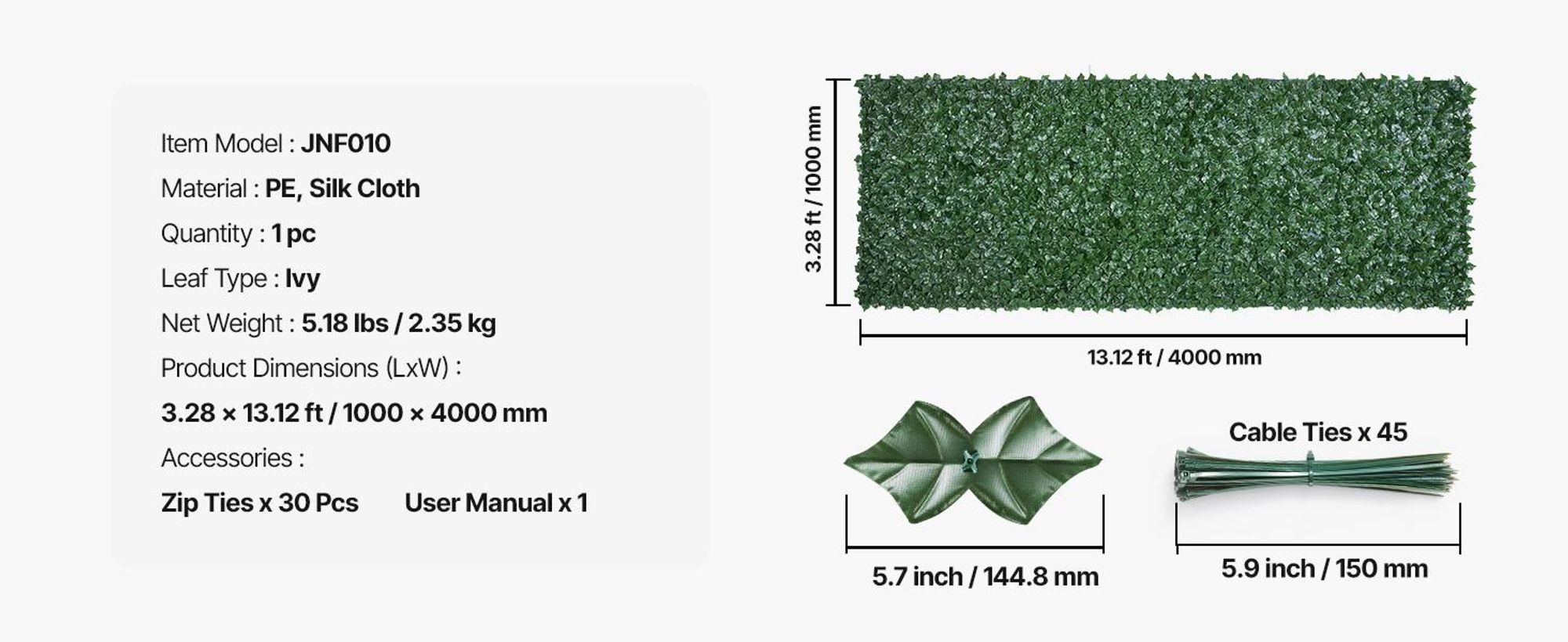 VEVOR Sichtschutzzaun 990x4010mm künstlicher grüner Sichtschutz Efeuzaun mit Netzgeweberückseite und verstärkter Verbindung, künstliche Hecken mit Weinblättern als Dekoration für Garten Hof Balkon