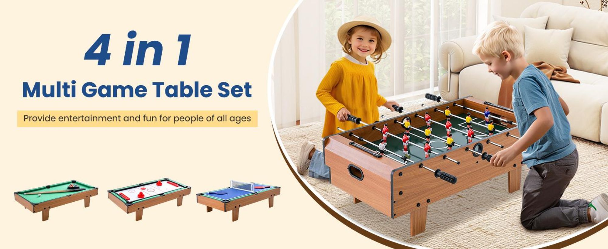 COSTWAY 4 in 1 Spieltisch, Billardtisch & Tischtennistisch & Air Hockeytisch & Tischkicker, Multifunktionsspieltisch aus Holz, für Kinder & Erwachsene