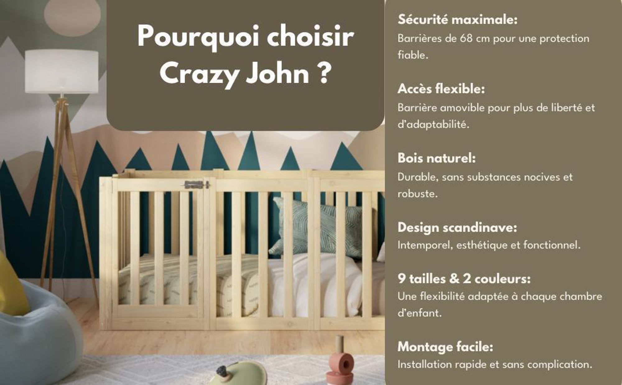 Crazy Pine Lit d'enfant 90x180 cm - Bois naturel - Lit au sol Montessori avec haute protection contre la chute 73cm et barrière ouvrable - Crazy John