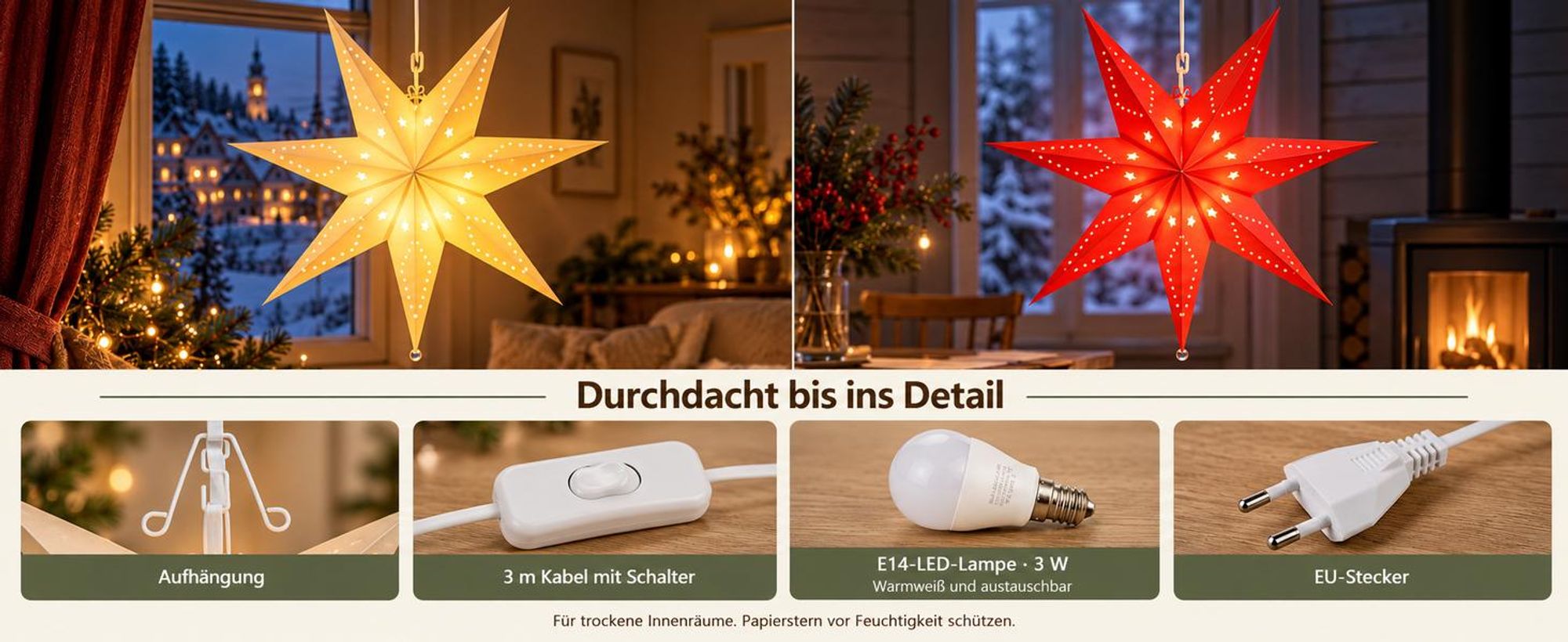 Salcar LED Weihnachtsstern 75 cm 3D Papierstern Beleuchtung Fensterstern Weihnachtsdeko Adventsdekoration Lichtersterne papierleuchtsterne