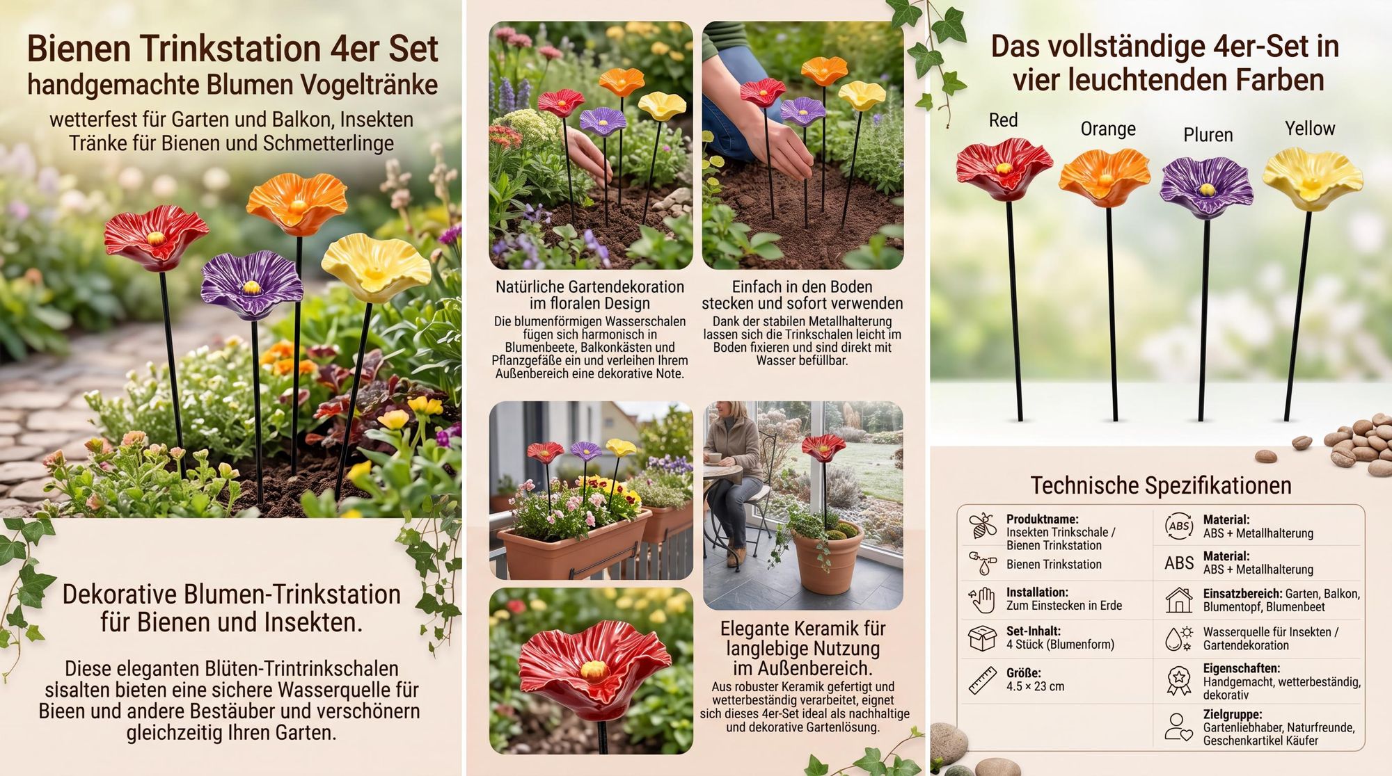 Bienen Trinkstation 4er Set, handgemachte Blumen Vogeltränke, wetterfest für Garten & Balkon, Insekten Tränke für Bienen & Schmetterlinge