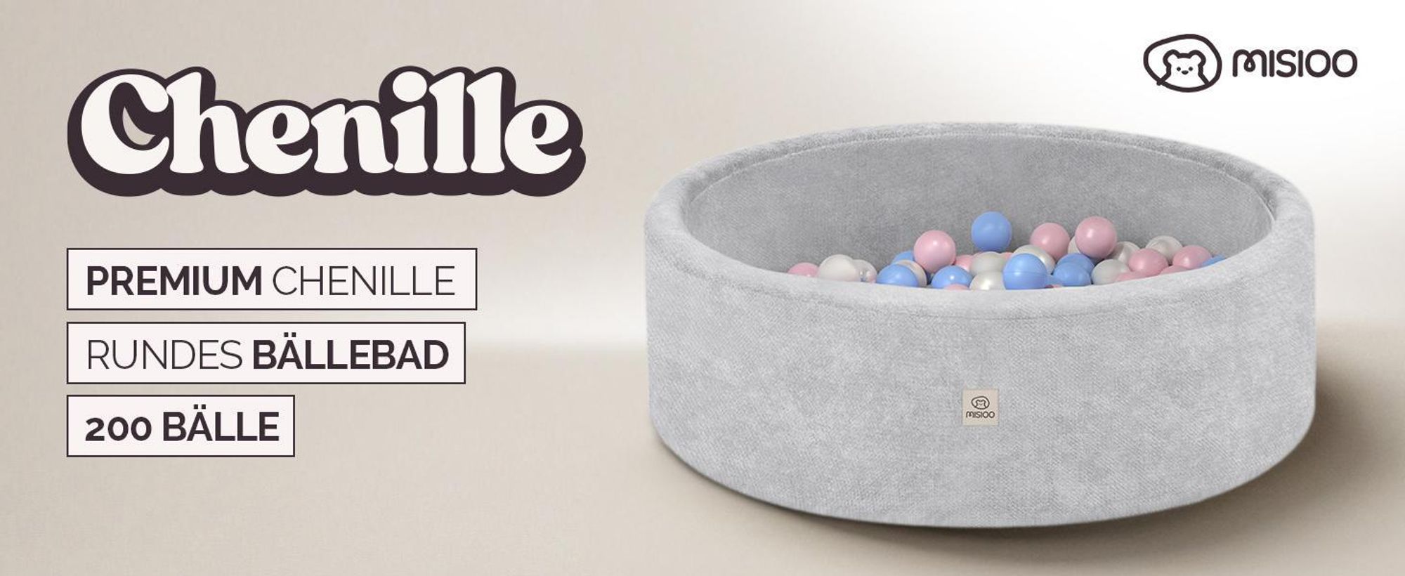 MISIOO Bällebad Baby 90x30 cm mit 200 Bällen Ø6 cm – Kinder Bällebad Rund, Weicher Schaumstoff, Bezug Abnehmbar Waschbar, Indoor Spielpool
