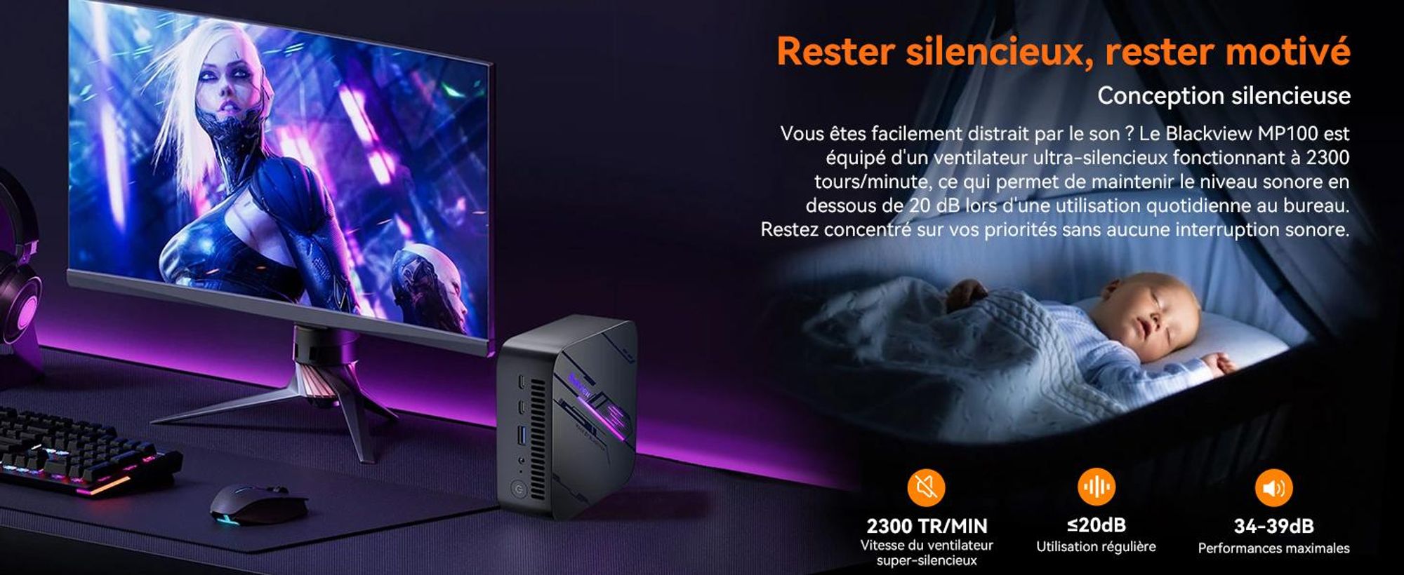 Blackview MP100 Mini PC, processeur Intel i3-1215U jusqu'à 4,4 GHz, 16 Go de RAM DDR5, SSD PCIe 4.0 de 512 Go, résolution 4K à 144 Hz, WiFi 6, ports DP et HDMI, système d'exploitation Windows 11 Pro, livré avec le clavier K1