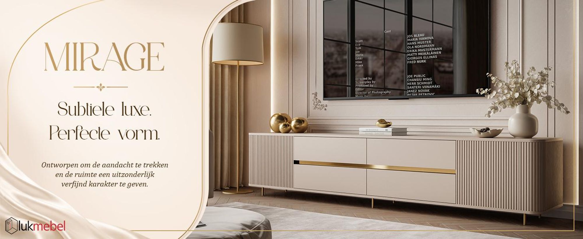 TV-meubel MIRAGE GOLD, 240 cm, met geribbelde deuren