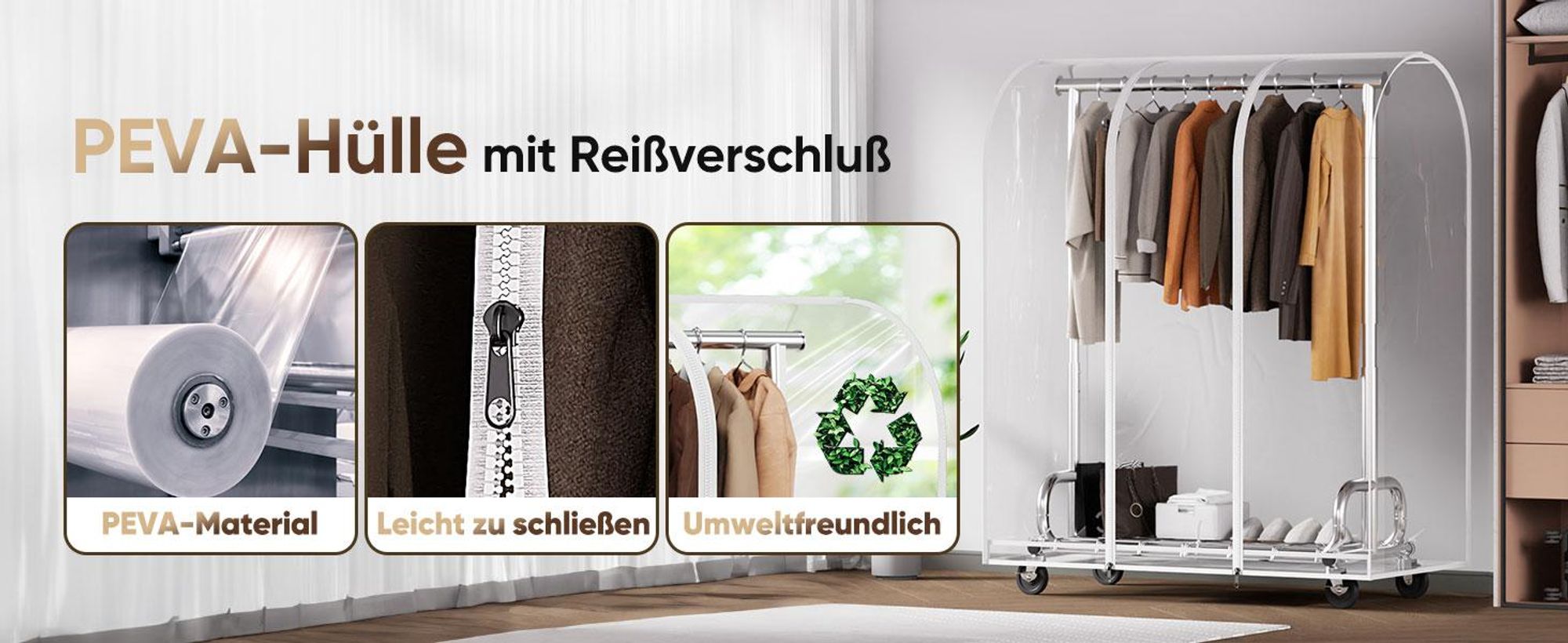 HOKEEPER Kleiderständer auf rollen mit Abbeckung Schwerlast Kleiderständer mit Kapuze,ausziehbare Kleiderstange zum Aufhängen