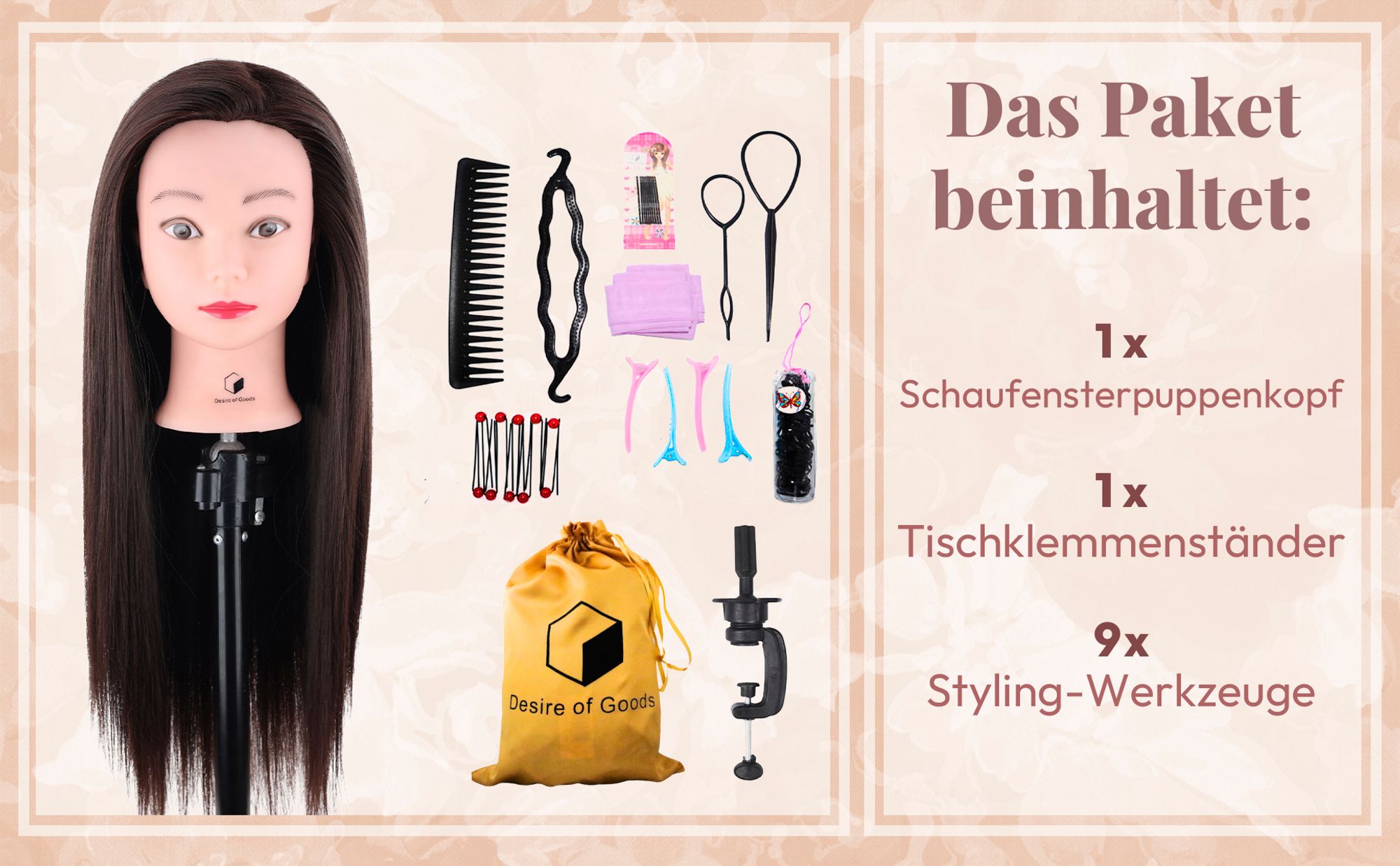 Desire of Goods Praxis Friseurkopf Kastanienbraun - Stativ & Stylingzubehör - Friseurkopf - Friseurkopf - 70 cm