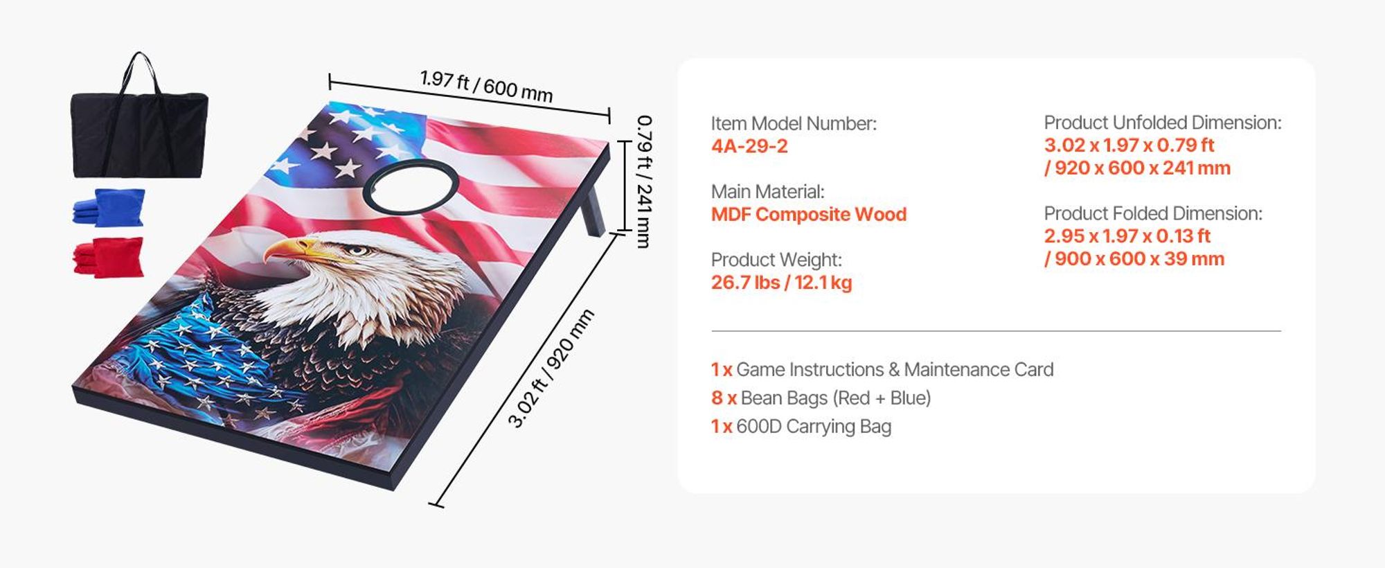 VEVOR Cornhole Spiel Set (920 x 600 x 241 mm) Cornhole-Spielbretter, tragbares Wurfbrett aus MDF-Holz, Cornhole-Spiel für Erwachsene, inkl. 8 Sitzsäcken & Tragetasche, für Garten Hinterhof Strand