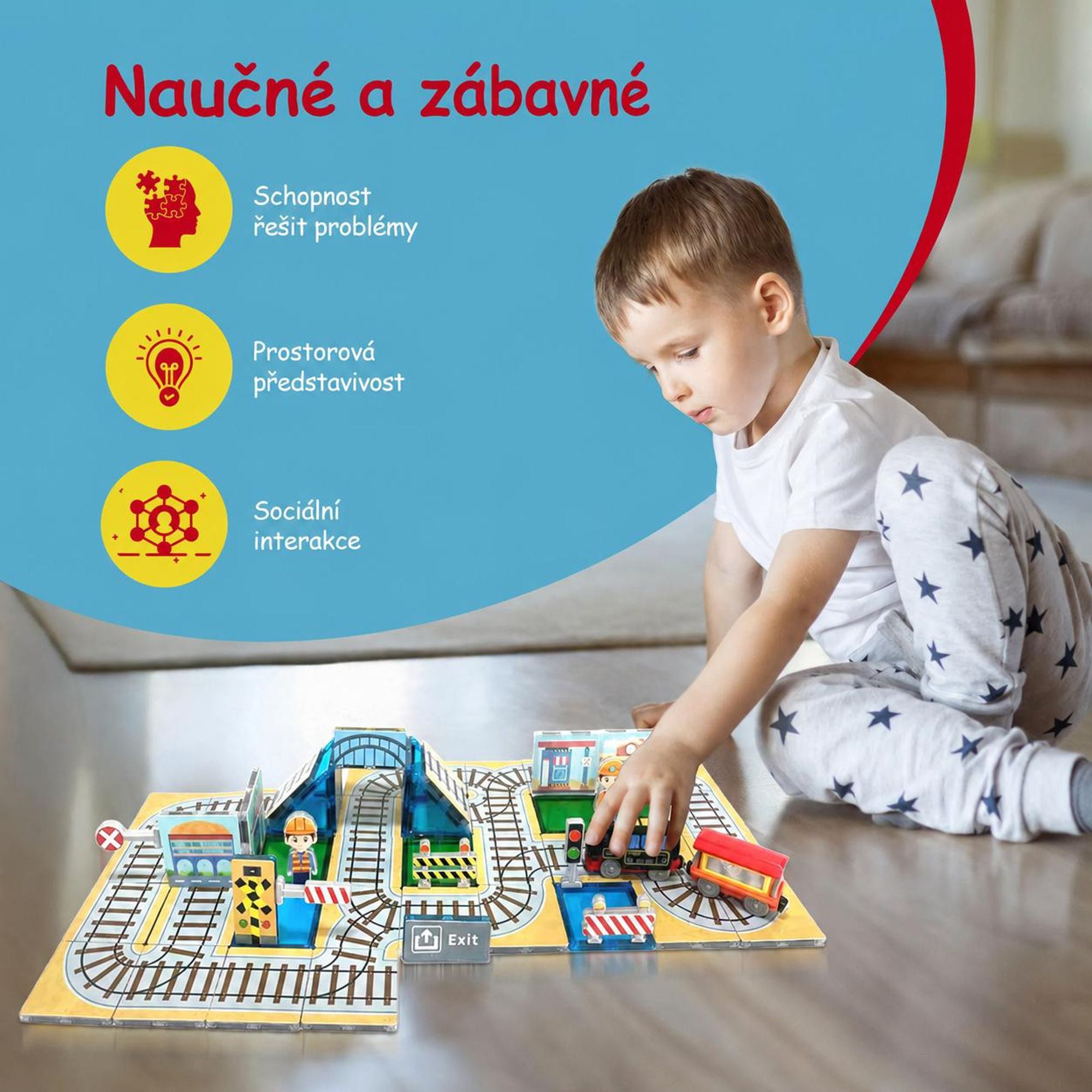 Sada magnetických kostek – vláček, montessori hračky, 112 ks, magnetické kostky pro děti, magnetické stavebnice, stavebnice vláčku, od 3 let, Magna, Olvy