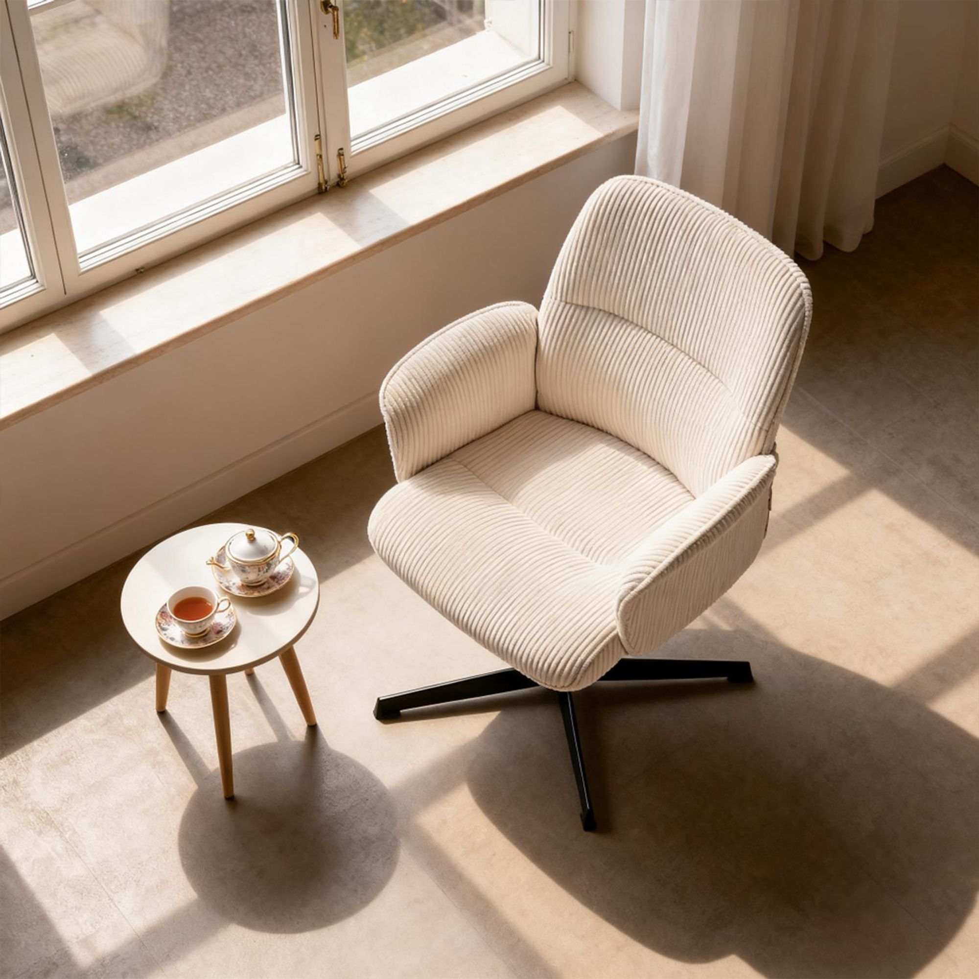 Meubles Cosy Ergonomischer verstellbarer Drehstuhl mit Armlehnen aus beigem Cord – THOMASINA