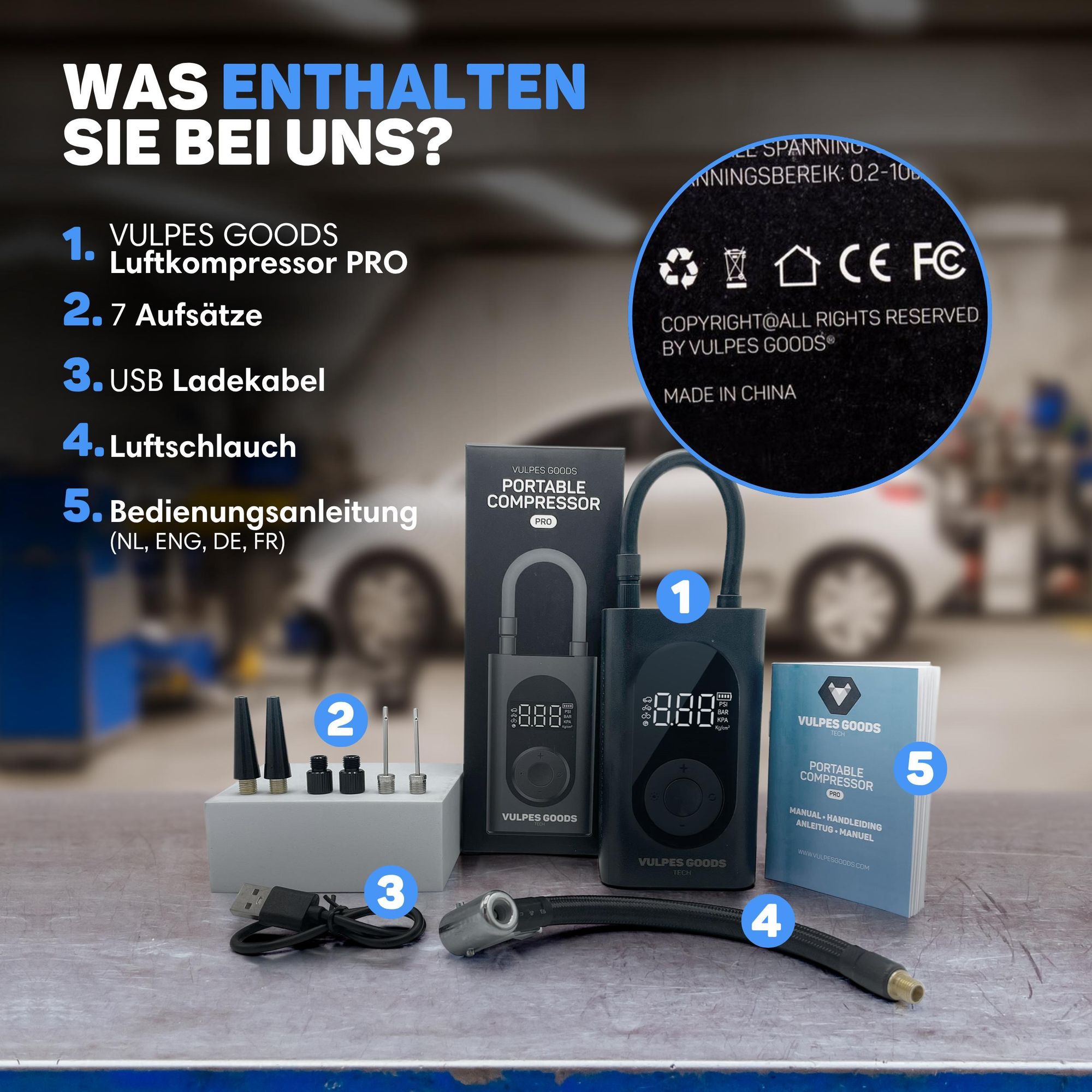 Vulpes Goods Luftkompressor, Tragbarer Kompressor, 6400mAh, Kompressor für Auto, Scooter, Fahrrad, Ball und Luftmatratze, Reisetasche, Mit 7 Aufsätzen