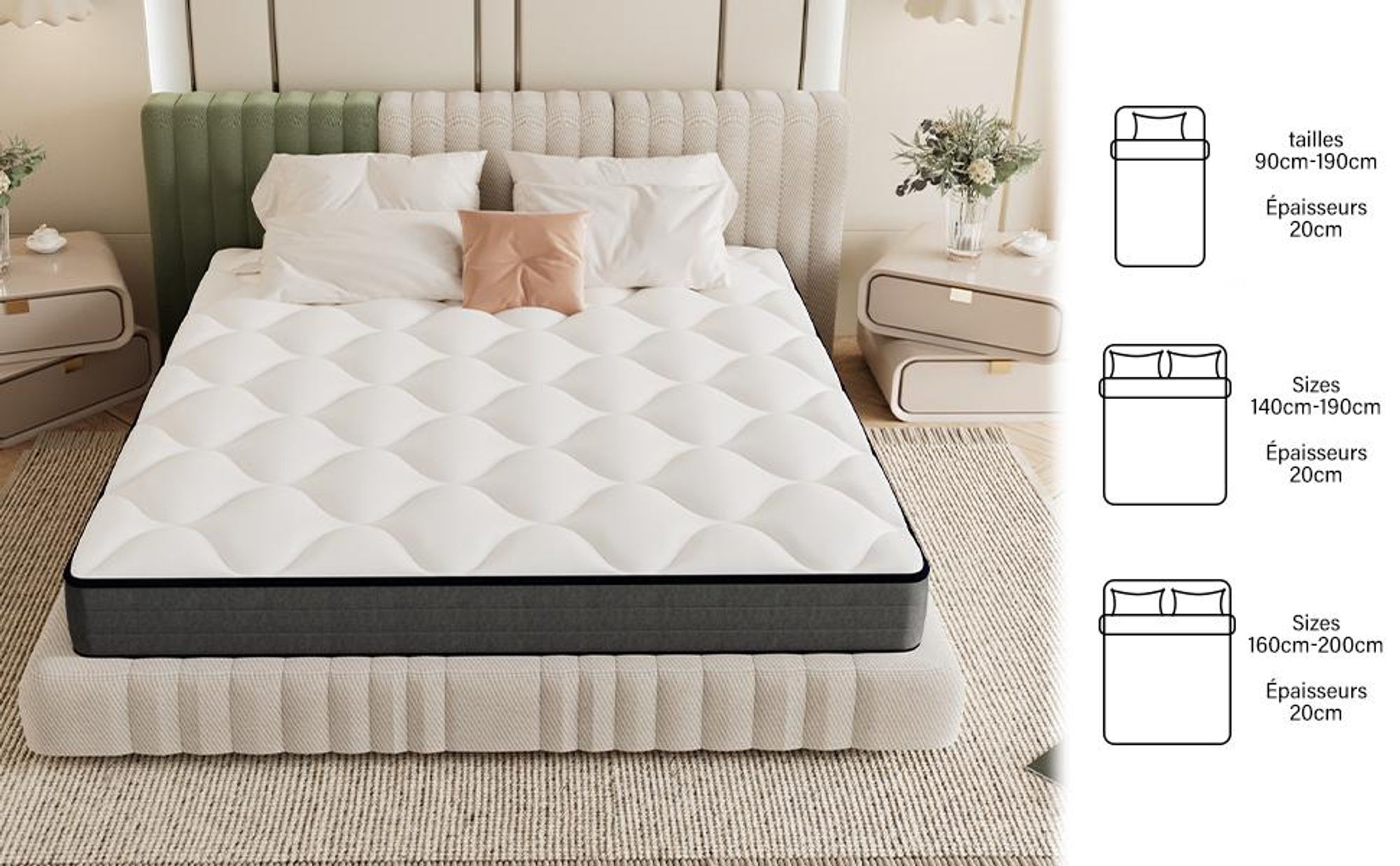 DEWINNER Matelas 160x200 cm Ressorts Ensaches, Matelas à mémoire de Forme et Ressorts,Matelas Ergonomique,Respirant,Hypoallergénique