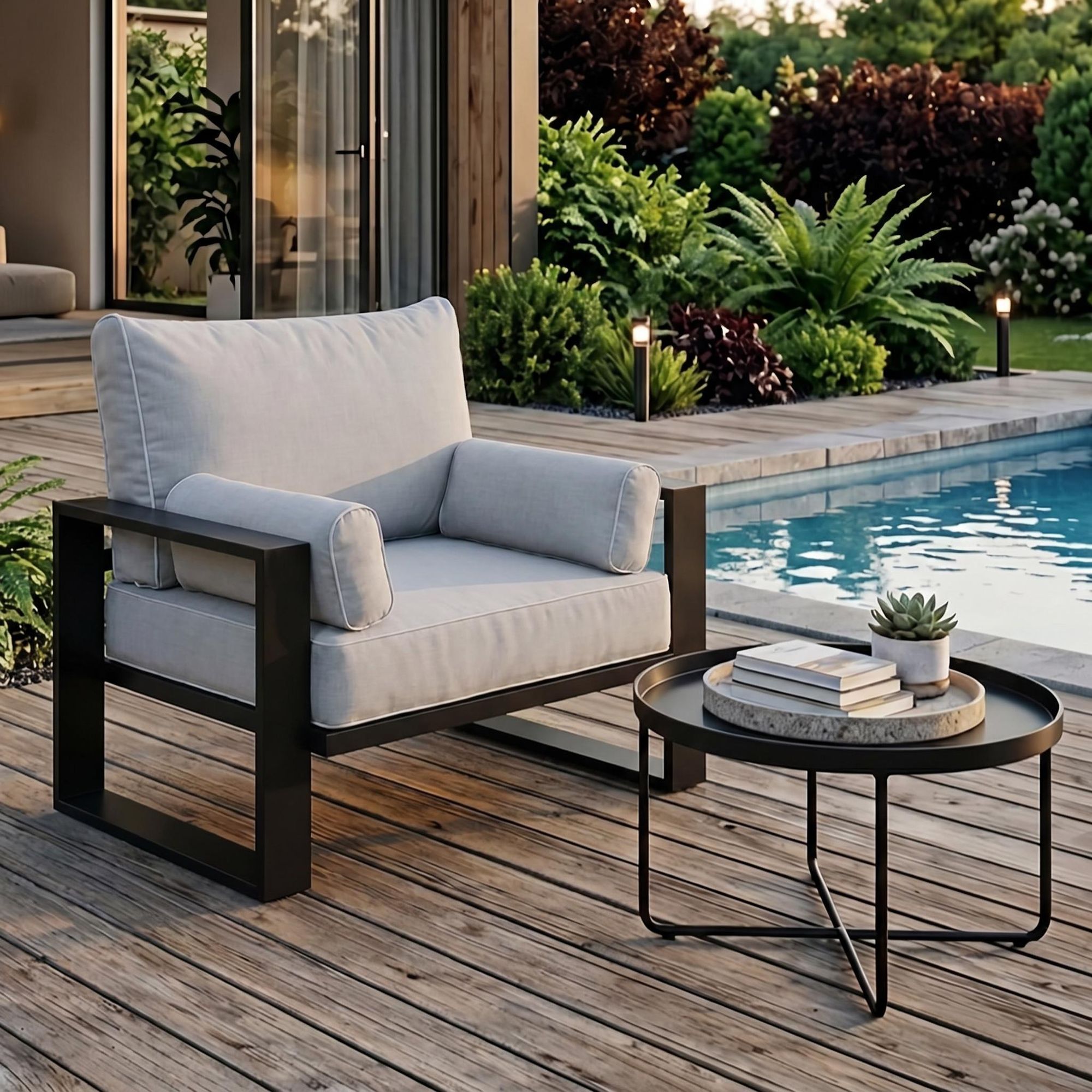 BEAUTYSOFA | VERDINO Gartensessel Grau – Gartenstuhl Lounge mit Metallrahmen, Outdoor Sessel wetterfest, Polyrattan SIMAX 03