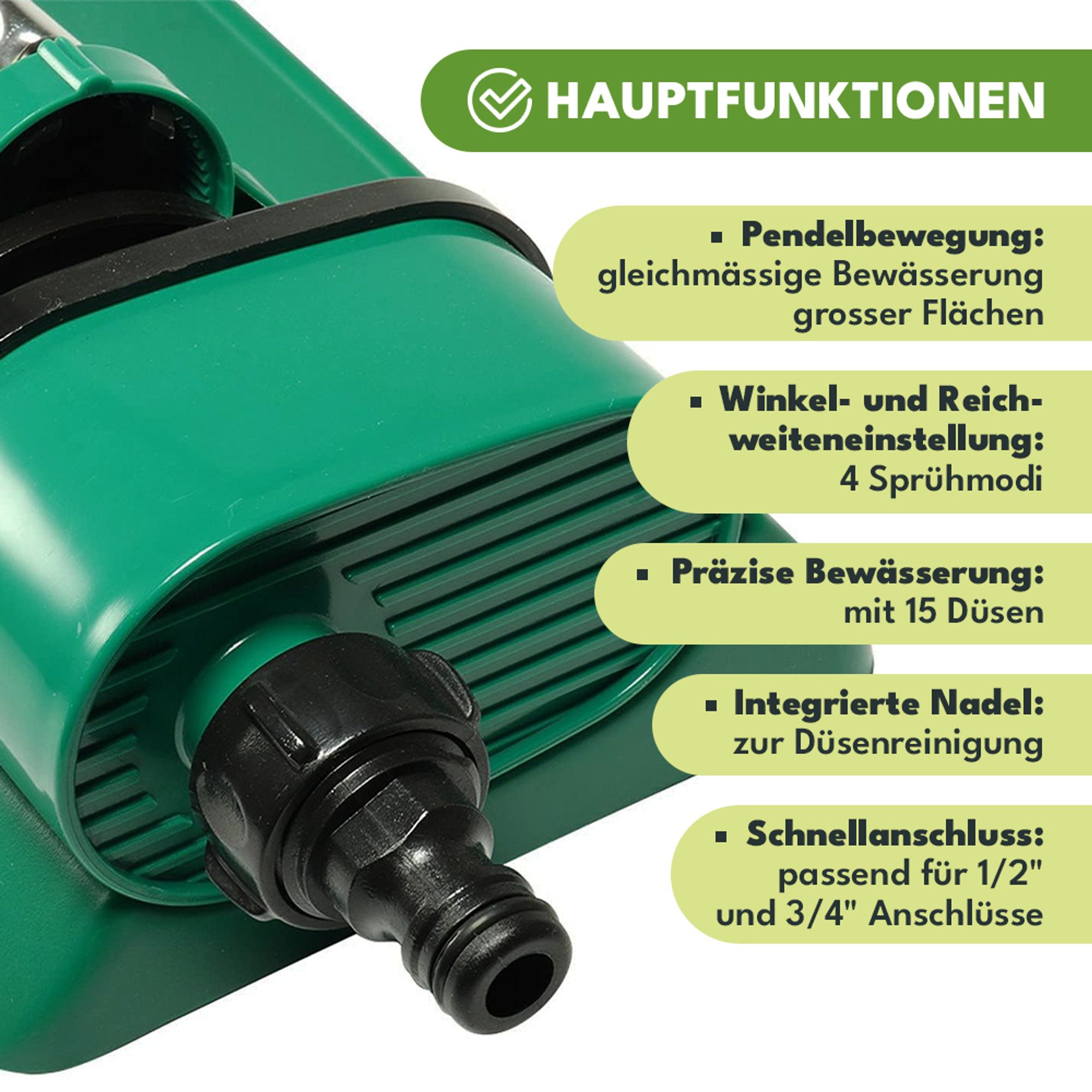 KRUMAD Oszillierender Rasensprenger 15 Düsen Verstellbarer Bewässerungssystem Garten Inkl. Reinigungsnadel Wetterfest Ideal für Garten Blumenbee