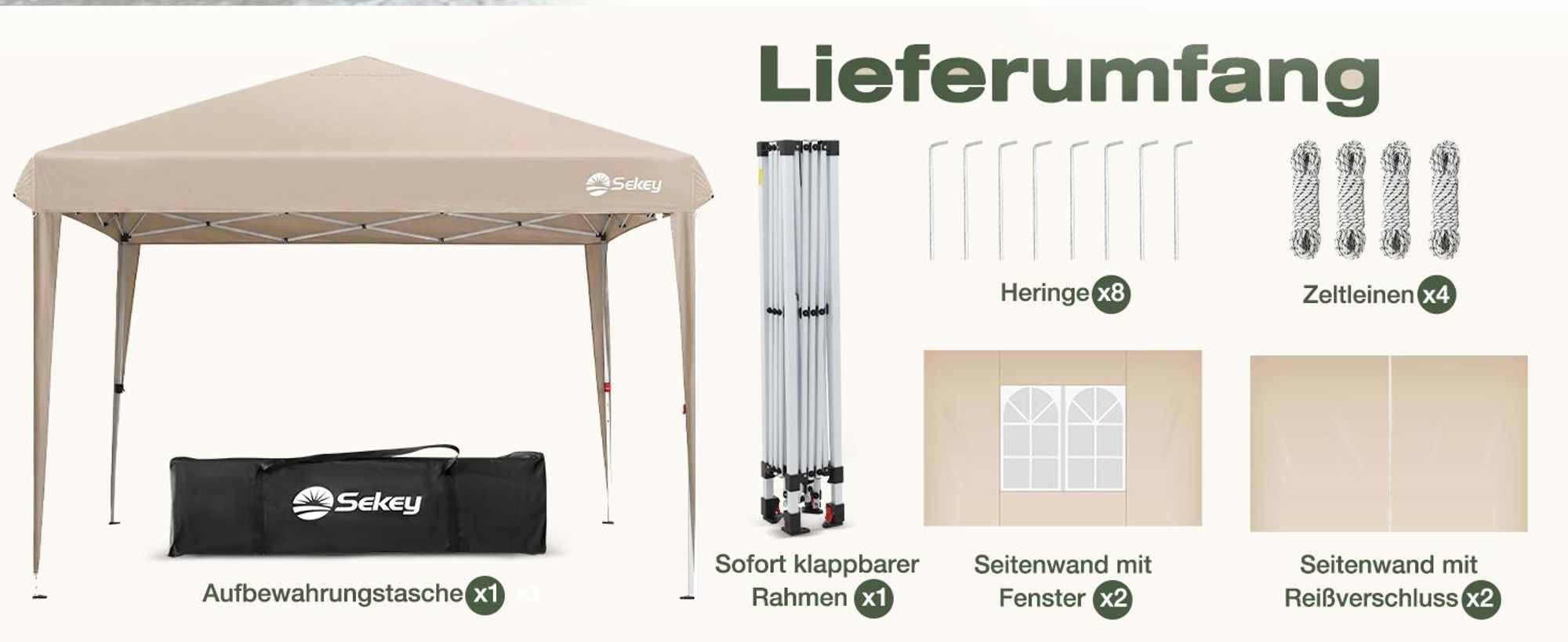 Sekey Faltpavillon 2x2 m wasserdicht UV50+ Gartenpavillon Partyzelt mit 4 Seitenteilen höhenverstellbar, Taupe