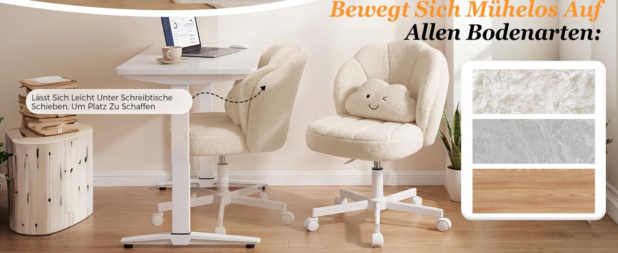 COMHOMA Bürostuhl Schreibtischstuhl, Schminkstuhl mit Rollen Doppelter Rückenlehne und Wolkenkissen, Höhenverstellbarer Drehstuhl, Teddystoff, Beige