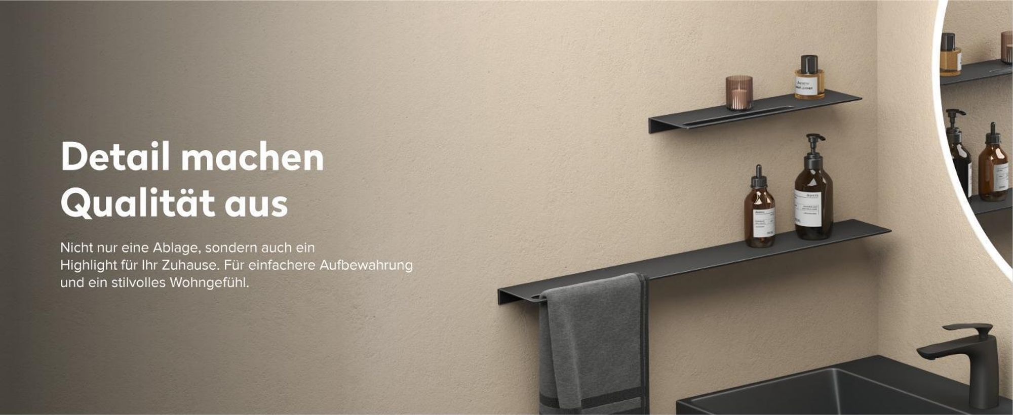 doporro Duschablage ohne Bohren aus Aluminium 60 cm, selbstklebendes Duschregal mit Handtuchhalter, 2-in-1 Badezimmer Organizer Matt schwarz Reglo-06