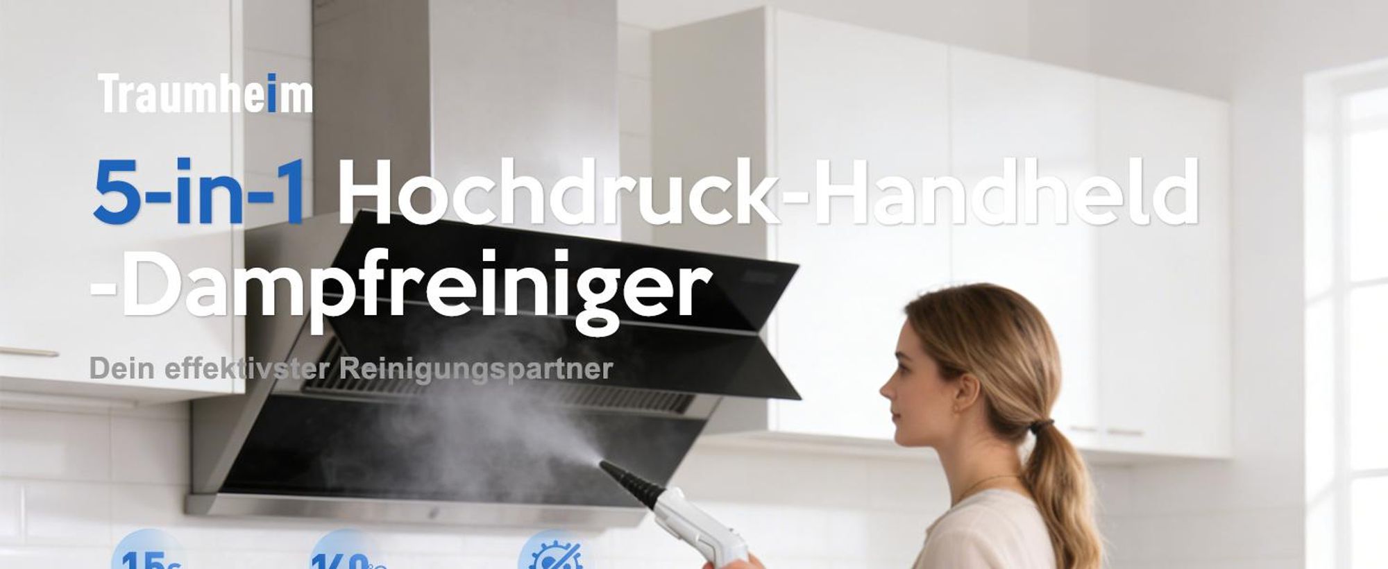 1500W Dampfreiniger mit 1,55L XL-Wassertank & 15s Aufheizung – Handdampfreiniger mit LED-Display & 4 Stufen – Tragbarer Hochdruck-Dampfreiniger 4 Bar