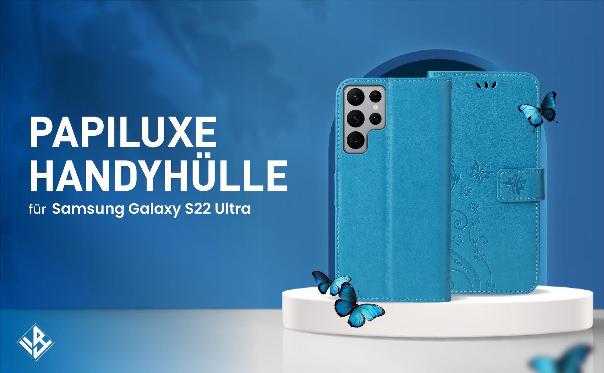 Blaue Klapphülle im Schmetterling Design für Samsung Galaxy S22 Ultra mit Wallet-Funktion