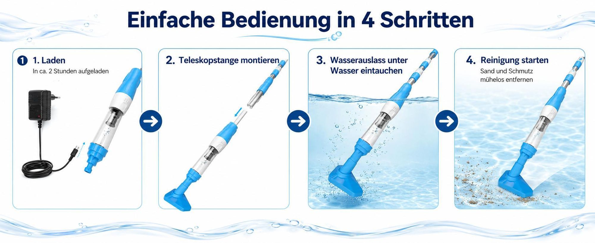 3-in-1 Kabelloser Poolsauger Akku 90 Min Laufzeit, Teleskopstange & Bürste, Mit Filterelement Sonstiges Poolzubehör, für Sand und Schmutz, 0.23L, Blau