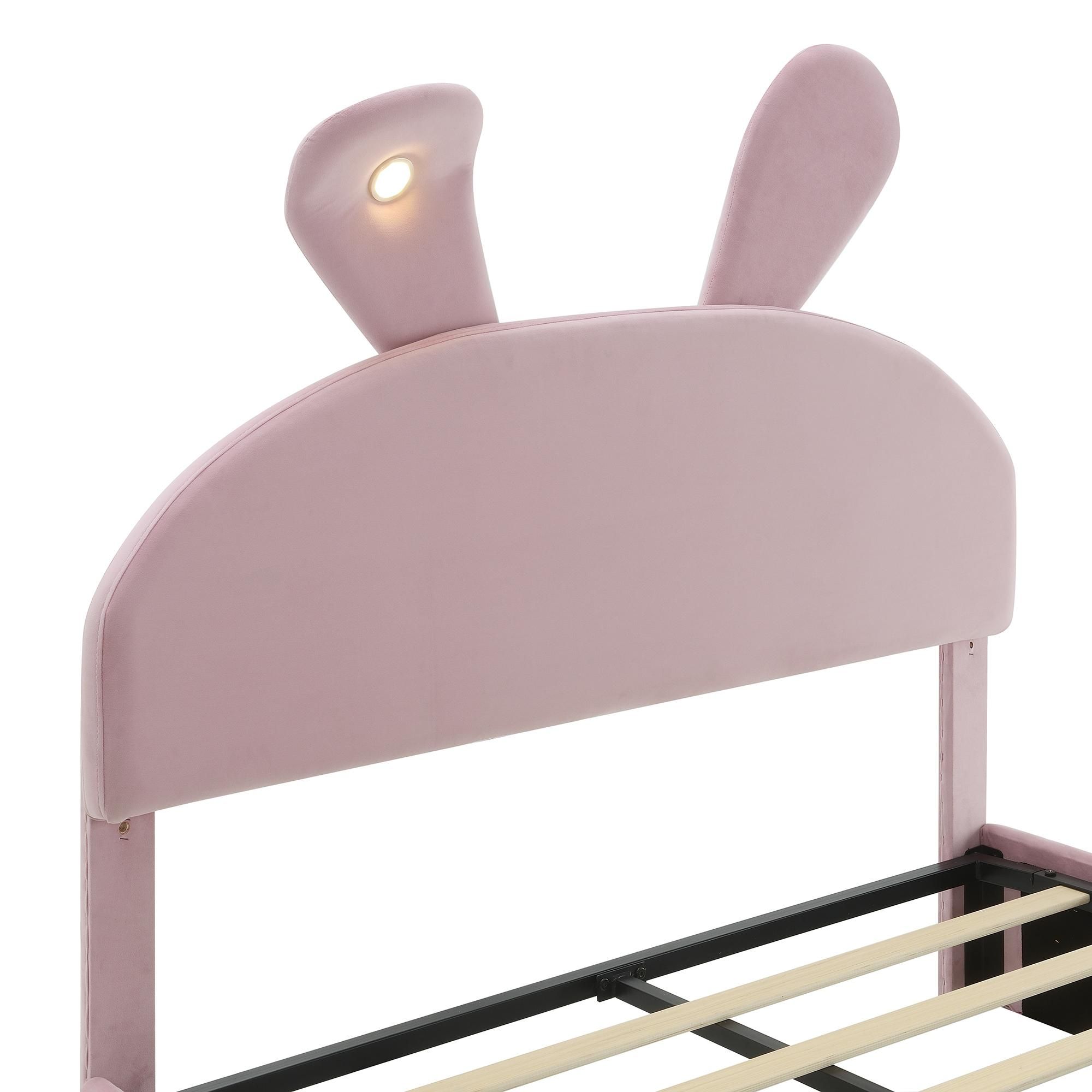 Merax Polsterbett 140x200 cm mit LED-Hasenohren und hydraulischem Bettkasten, Doppelbett mit Stauraum und 2 Aufbewahrungshockern, Samt Pink