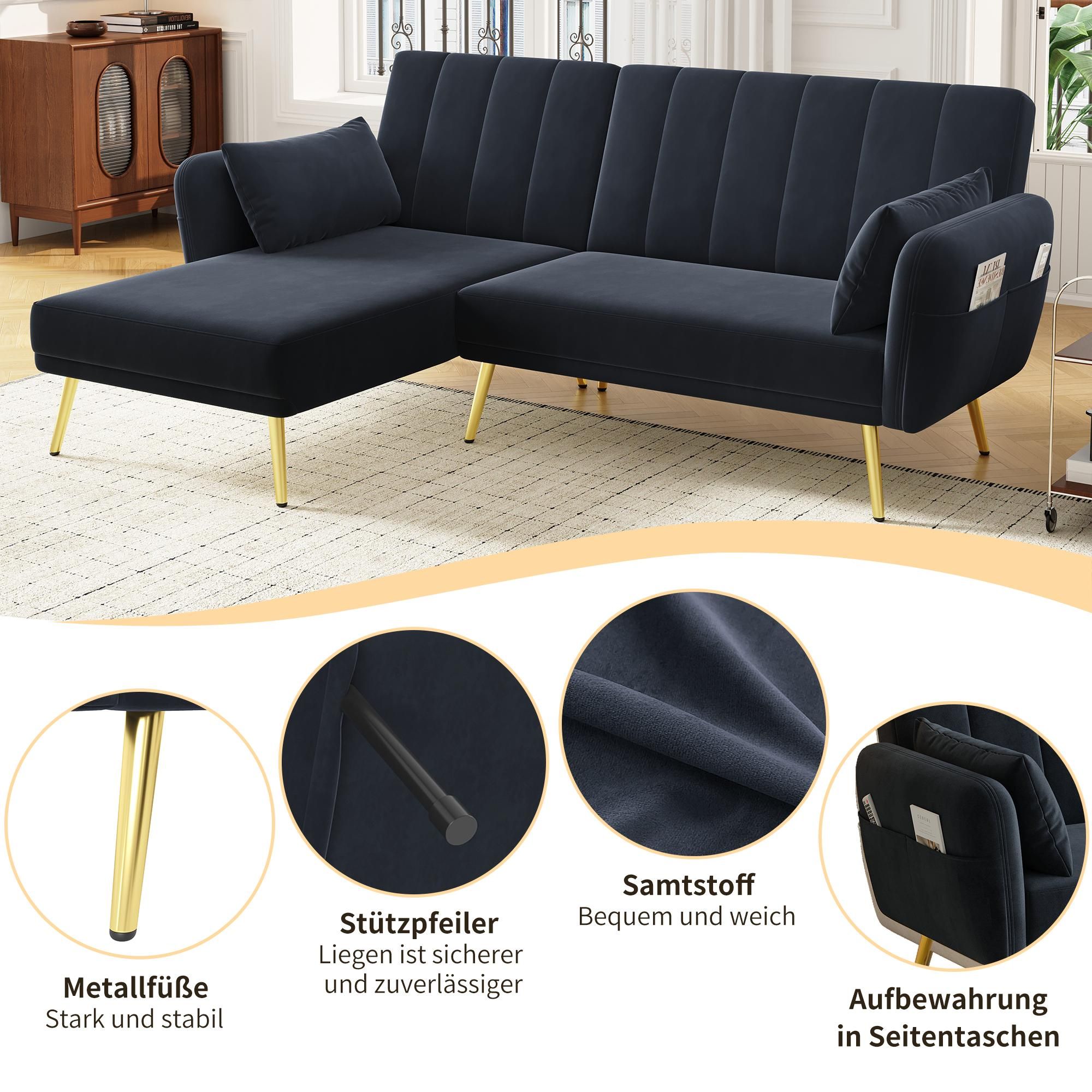 Merax Ecksofa mit Schlaffunktion, L-Form Klappsofa Schlafsofa, 3-stufig verstellbar, 3-Sitzer Sofa, Couch, Bettsofa, Wohnzimmersofa, Velvet, Schwarz