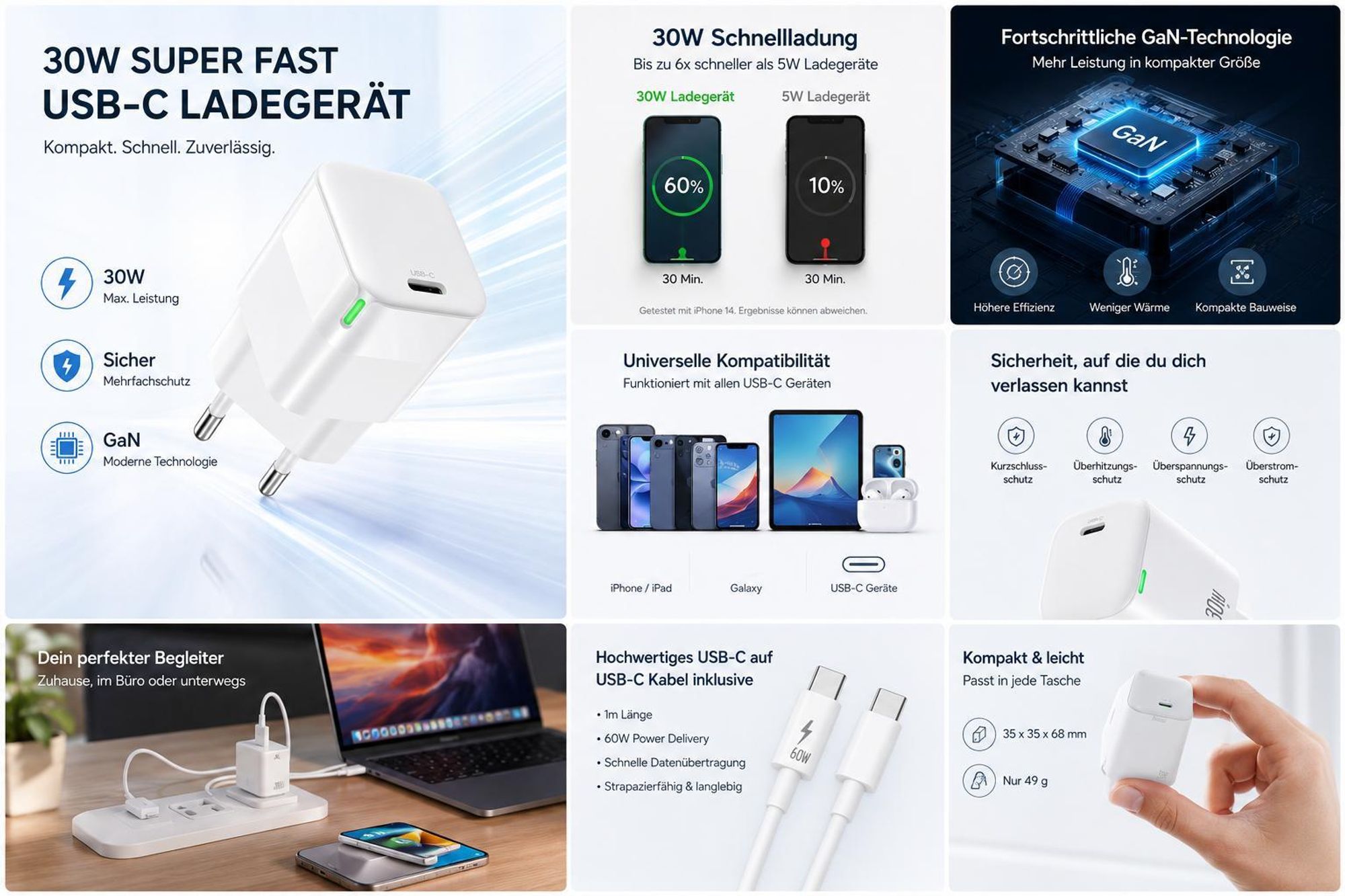 30W + 60W Set USB C Ladegerät Kabel für Xiaomi Redmi Note 15 15c 15T 14 14T  13 12 11 Pro 4G 5G Pro Plus Lite USB-C Schnelladekabel Strom Stecker WEIß