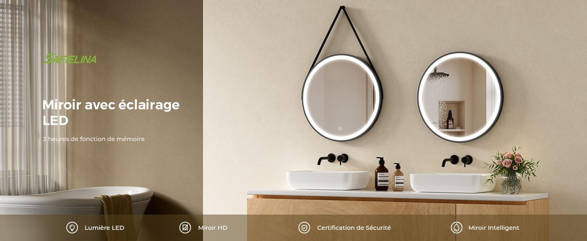 S'AFIELINA miroir de salle de bain 60cm avec éclairage rond miroir de salle de bain LED tactile et lumière blanche froide cadre noir ceinture en cuir réglable
