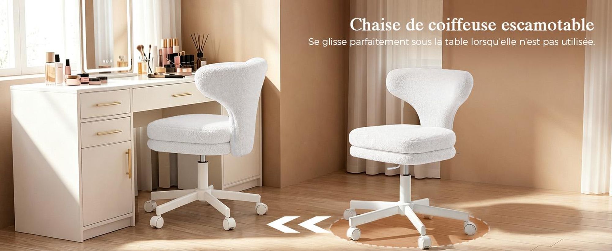 Chaise de maquillage COMHOMA avec roulettes, chaise de maquillage avec dossier enveloppant, fauteuil pivotant à hauteur réglable, jolie chaise de bureau pour chambre, pour la maison